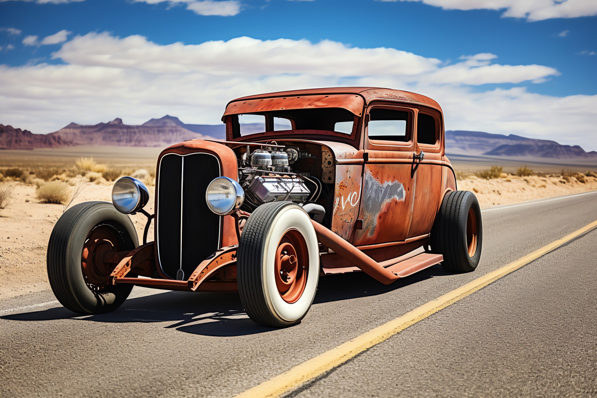 Restored Rat Rod, Legendary Route 66 imagery, Classic red paint, White side tires, American nostalgia, HD Desktop Wallpaper