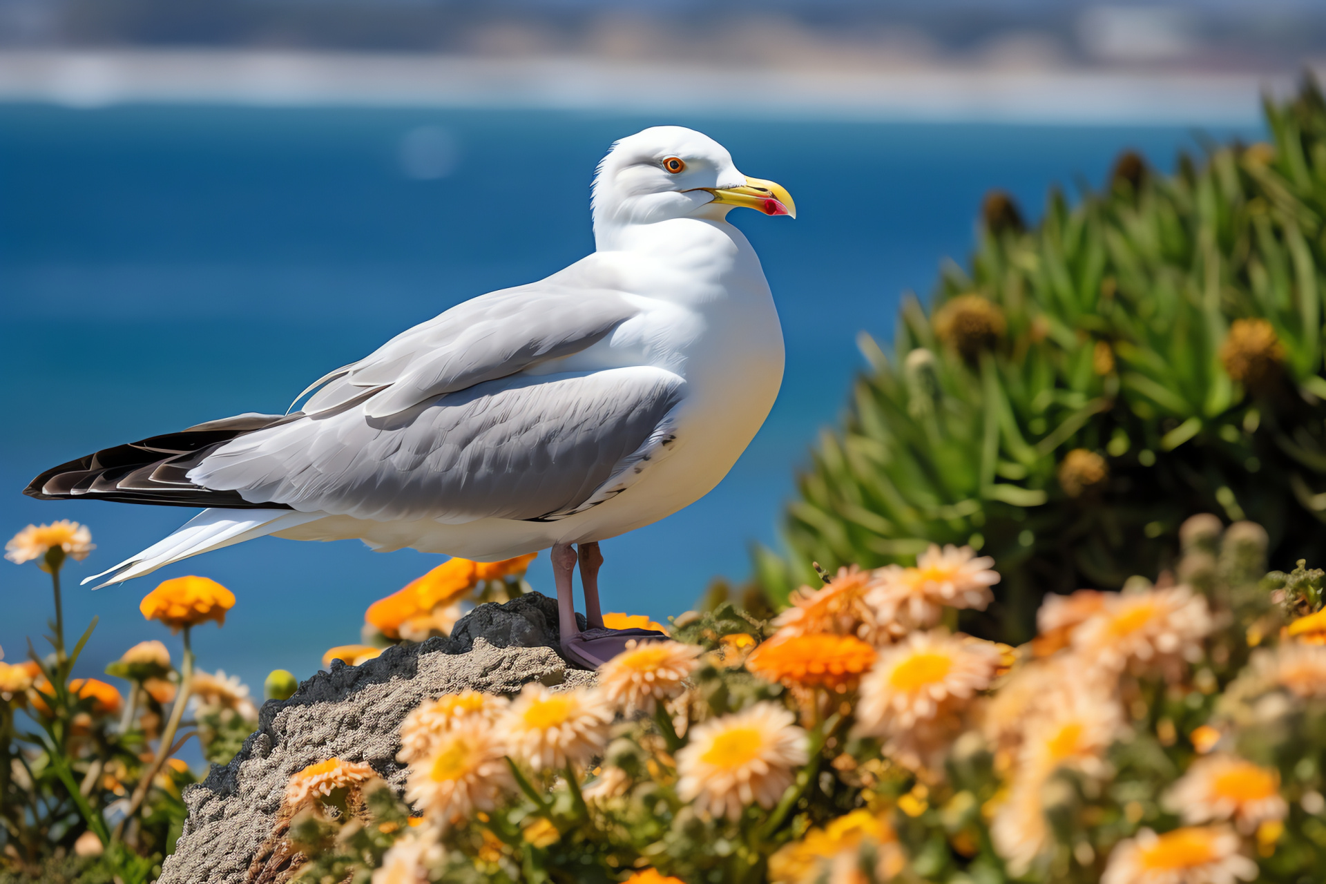 Seagull bird, orange eye detail, feathered cream elegance, coastal flora setting, tranquil avian stance, HD Desktop Image