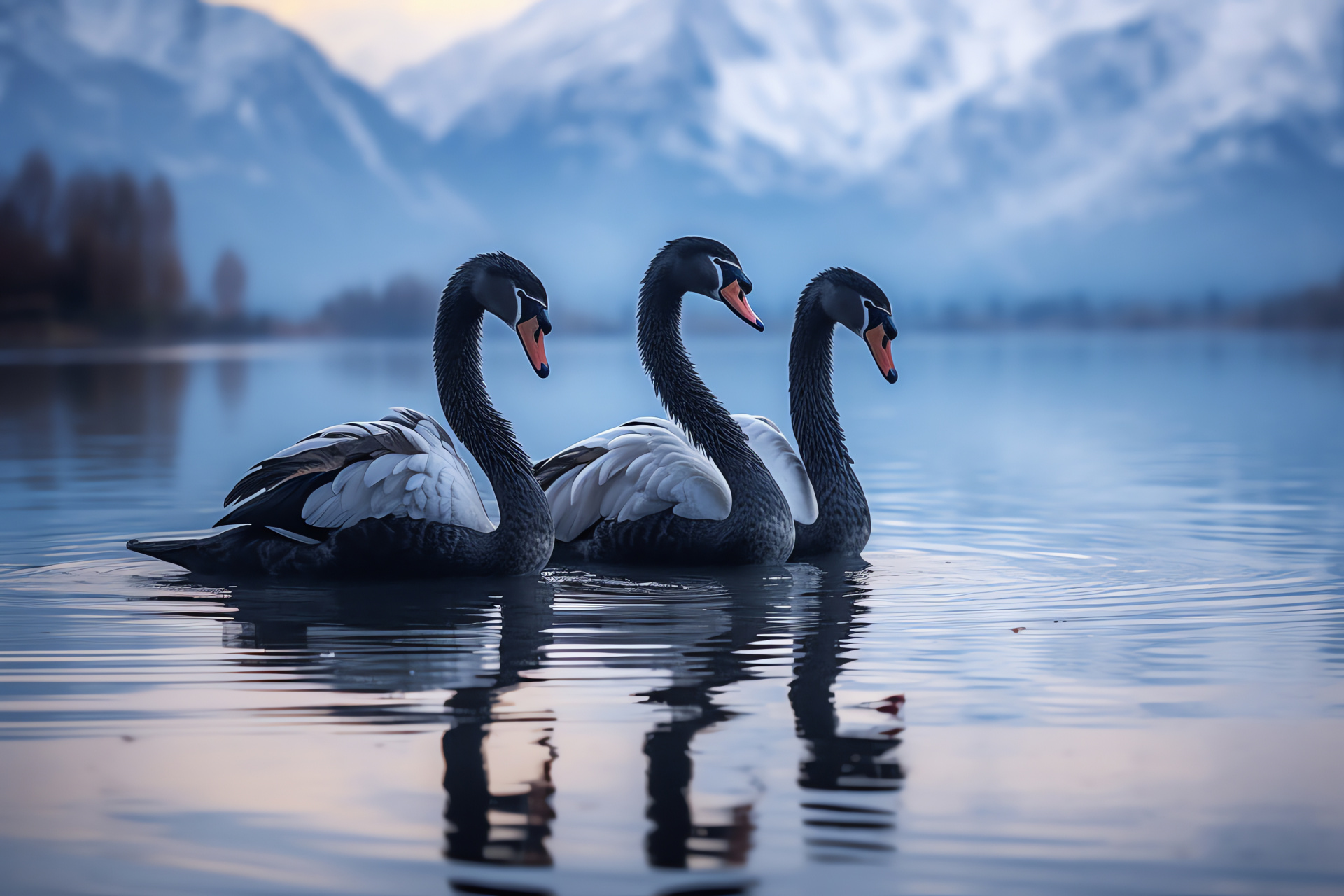 Swimming birds, ebony swans, arching necklines, tranquil waters, alpine silhouette, HD Desktop Image