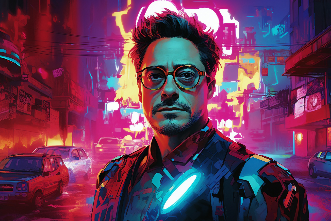 Robert Downey Jr, Stark persona, Neon artwork style, Graffiti influence, Urban night scene, HD Desktop Wallpaper