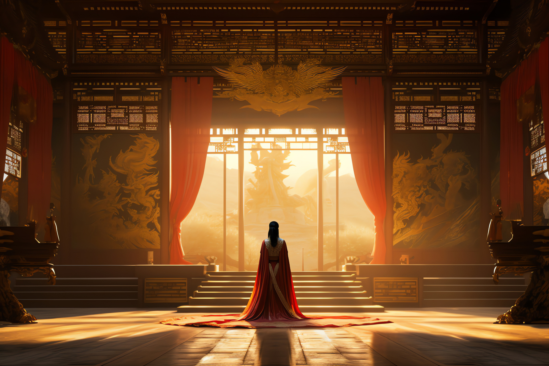 Mulan film, Regal Emperor, Gilded attire, Majestic seat, Forbidden City, HD Desktop Image