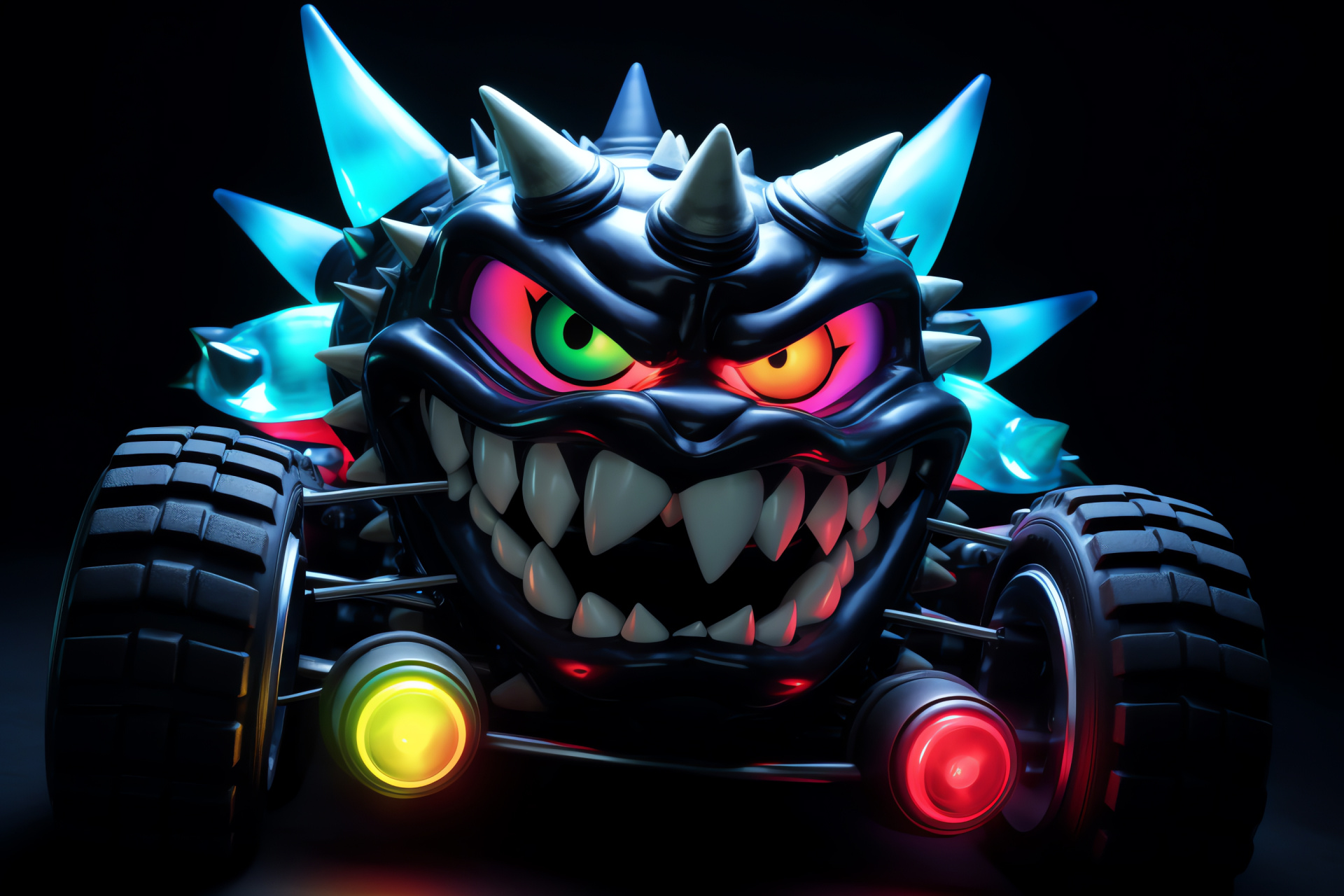 Bowser's vehicle, Clown copter, Threatening spikes, Red and gold design, Yellow-eyed menace, HD Desktop Wallpaper