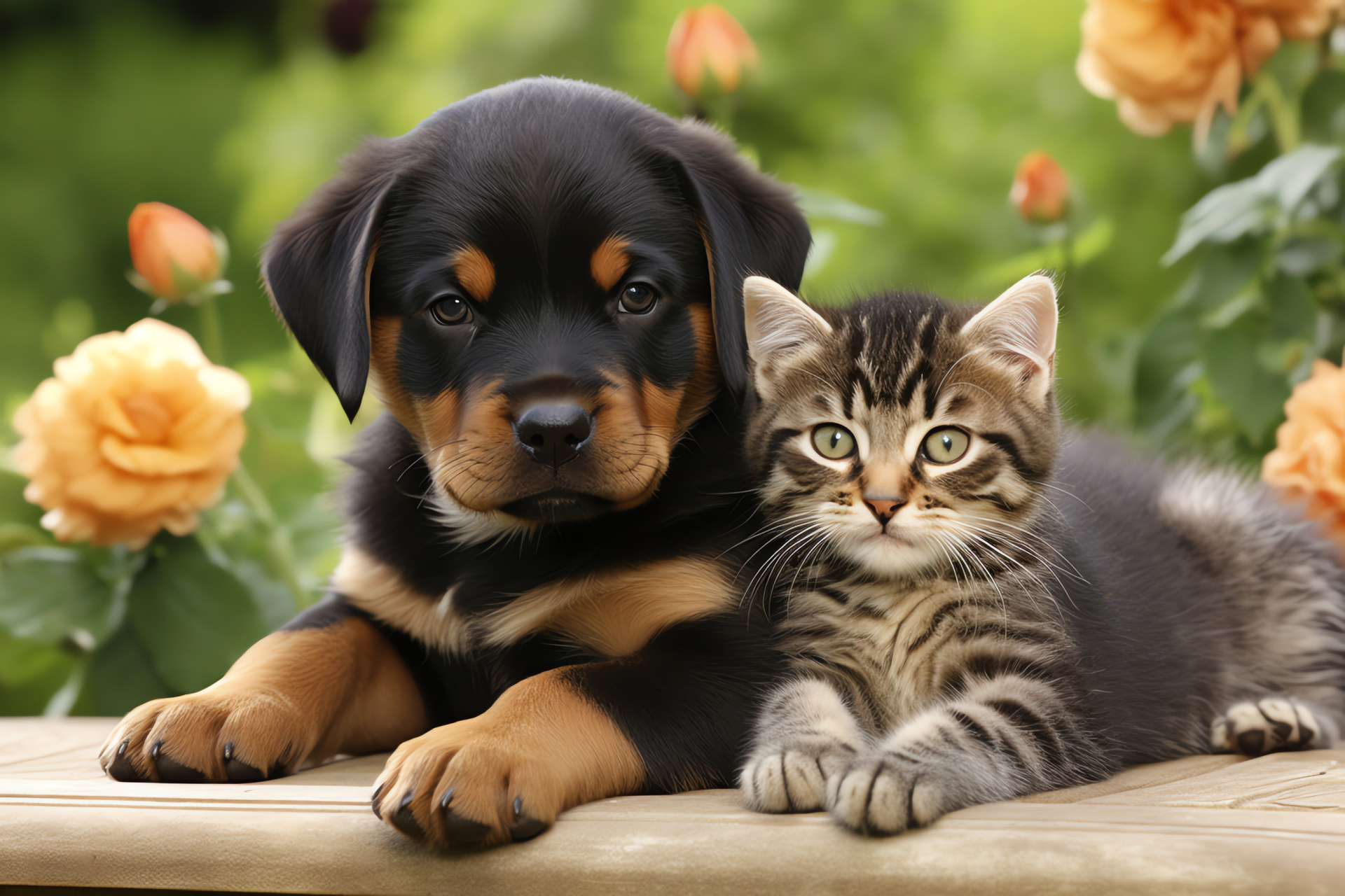 Rottweiler puppy, Loyal guardian breed, Strong muscular build, Playful feline companion, Beautiful contrast of fur patterns, HD Desktop Wallpaper