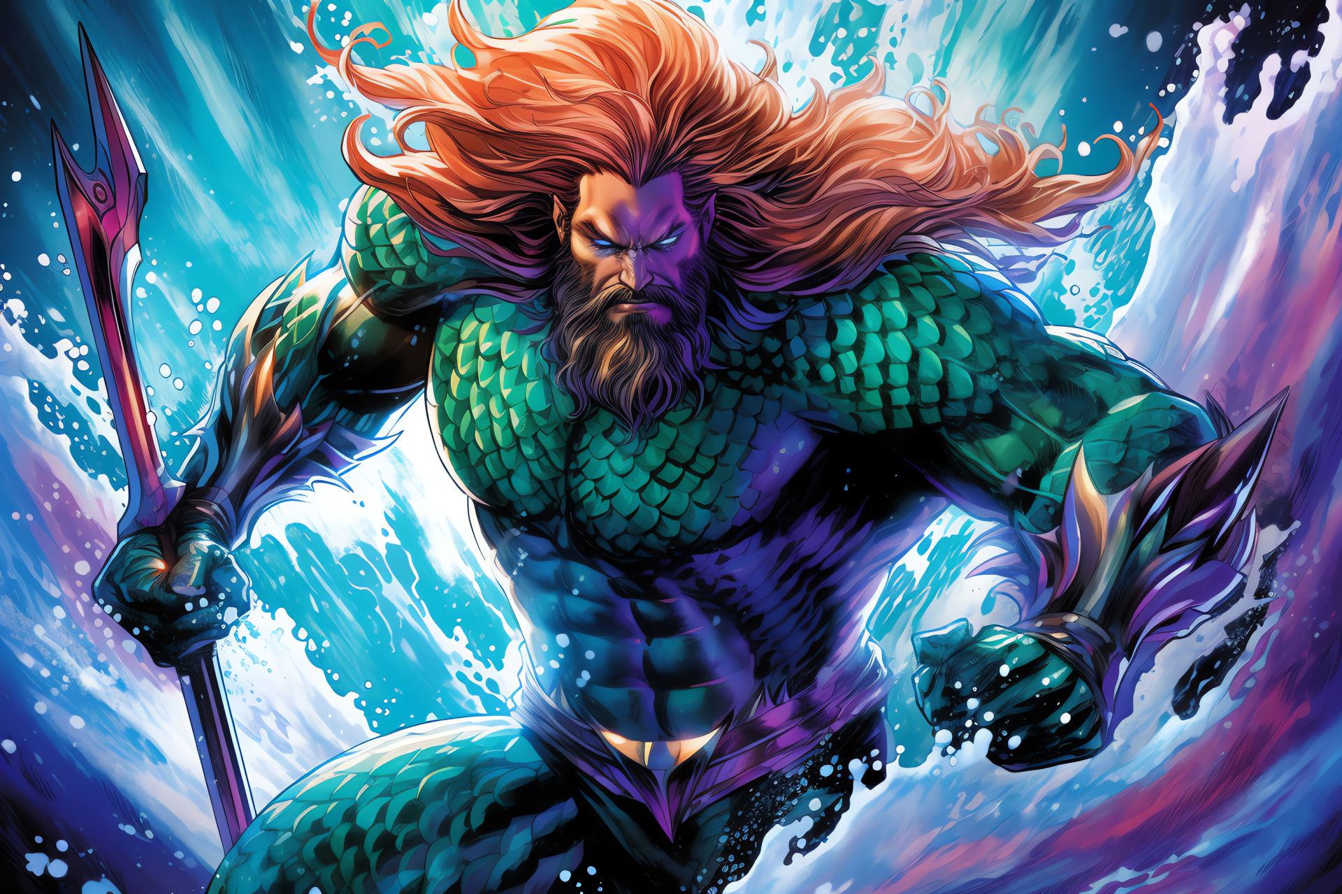 Comic book Aquaman, piercing blue eyes, blond strands, iconic trident, multi-hued canvas, HD Desktop Wallpaper