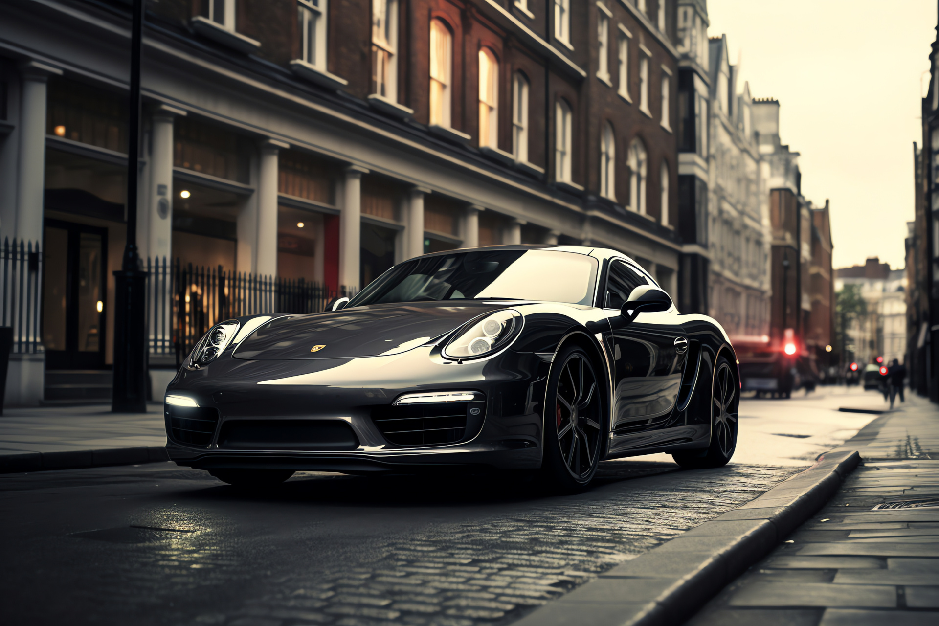 Porsche Cayman in London, Model S presence, Sleek gray finish, Urban cityscape, Metropolitan allure, HD Desktop Image