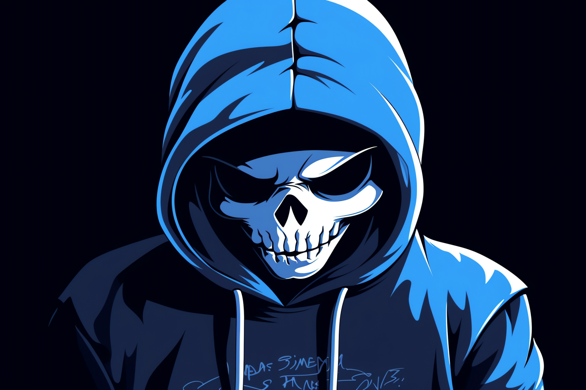 Undertale Sans character, Cobalt optical glow, Ominous shadows, Subtle facial expression, Playful demeanor, HD Desktop Image