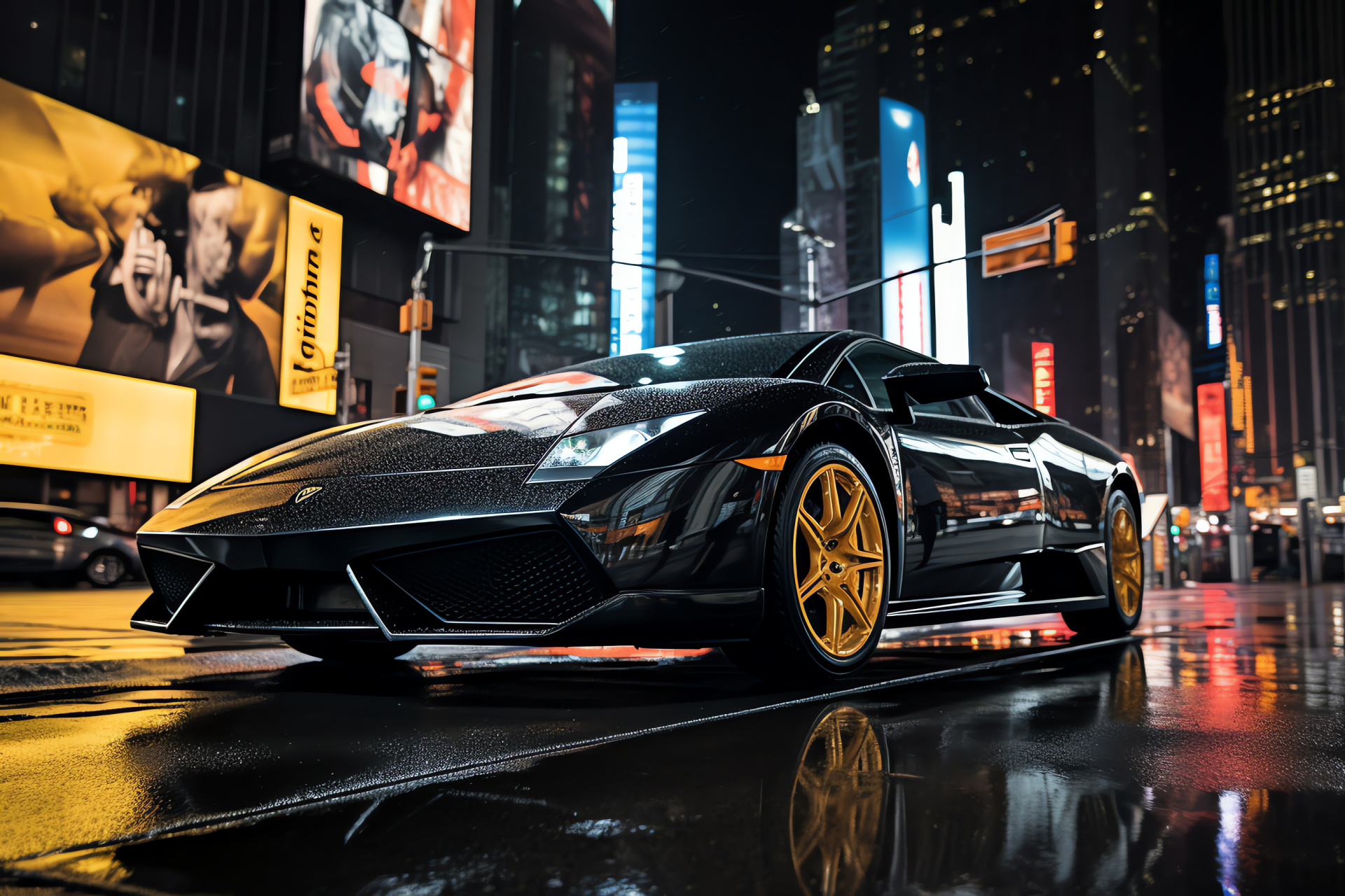 Lamborghini Murcielago LP640-4 Versace, NYC's Times Square lights, Exclusive designer edition, Urban architecture, Fashion brand collaboration, HD Desktop Wallpaper