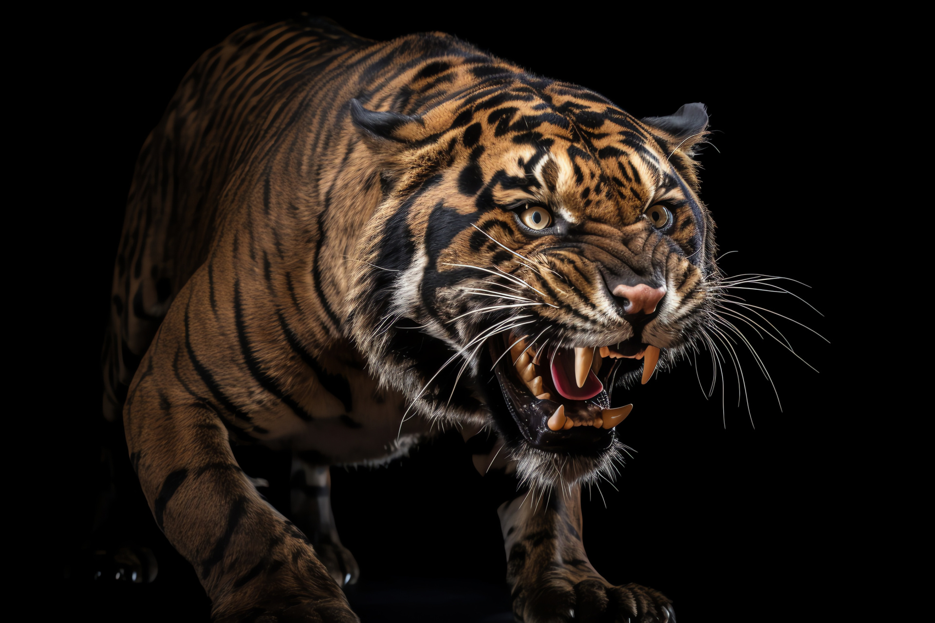 Dominant Saber Tooth Tiger, deep brown fur, vanished predator, black backdrop contrast, HD Desktop Wallpaper