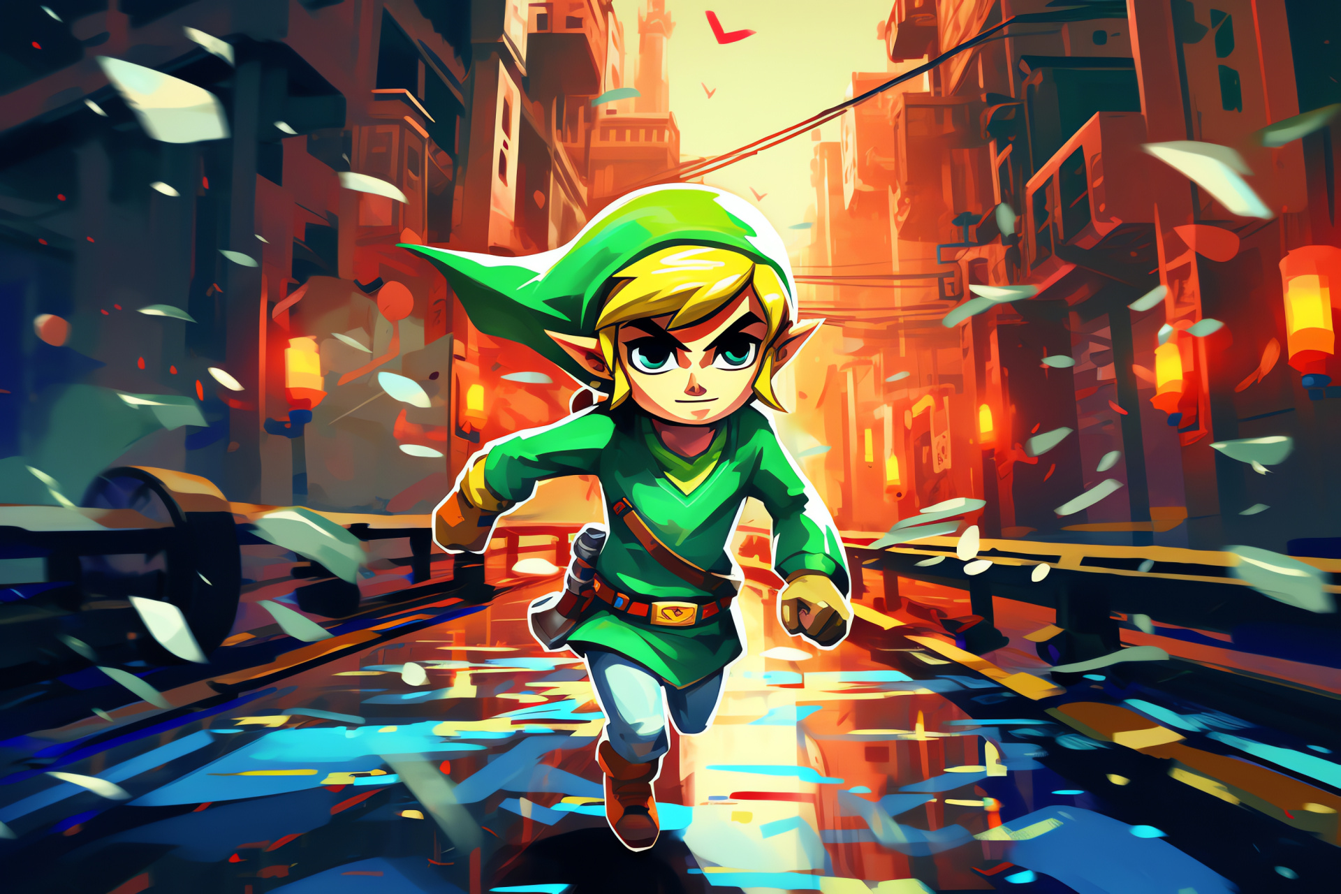Toon Link pursuit, Narrow alley dash, Accelerated motion sequence, Mediterranean style setting, Gaming speed chase, HD Desktop Image