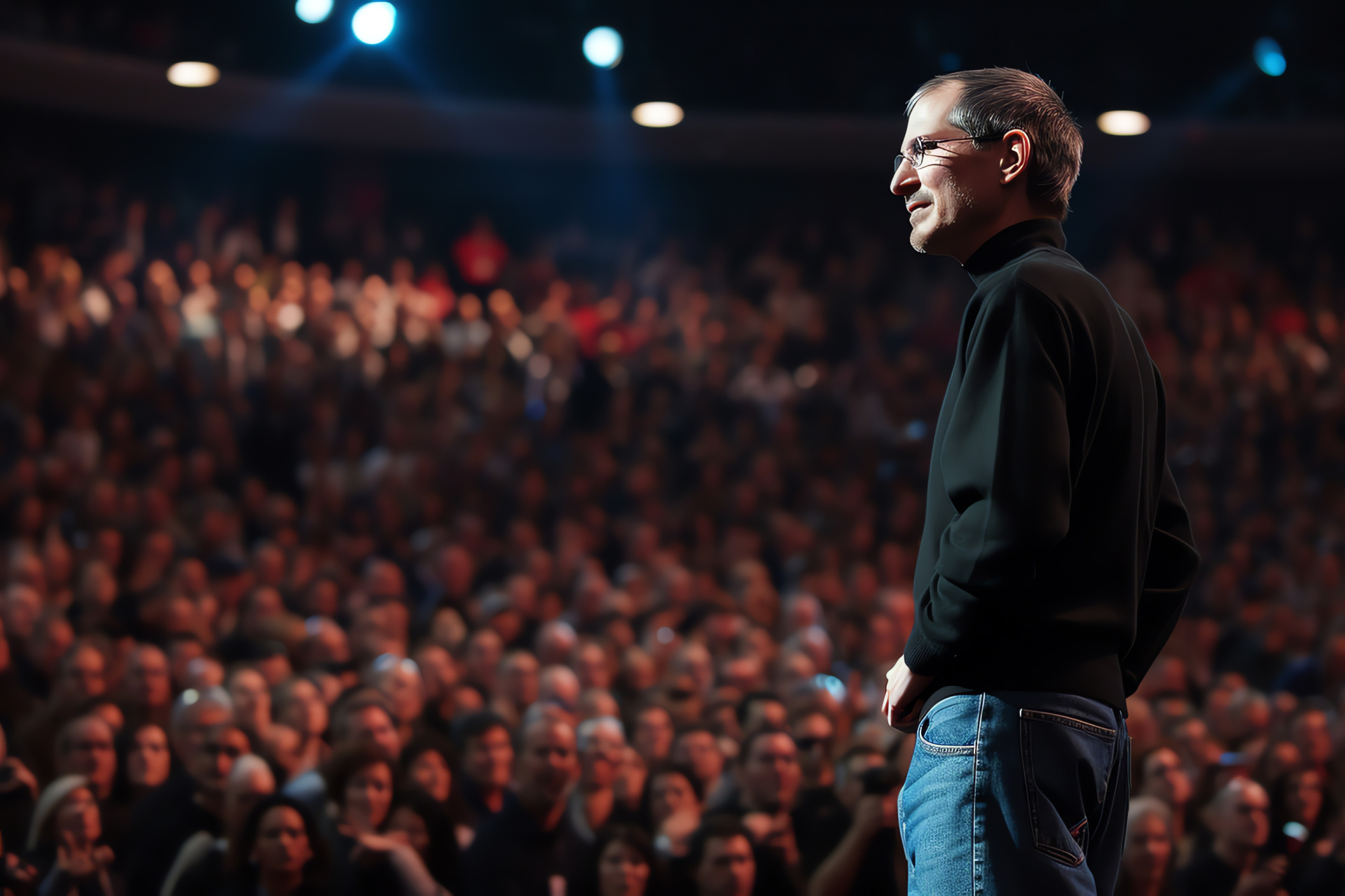 Corporate Steve Jobs, tech exposition, iconic sweater, timeless jeans, entrepreneurial conviction, HD Desktop Image