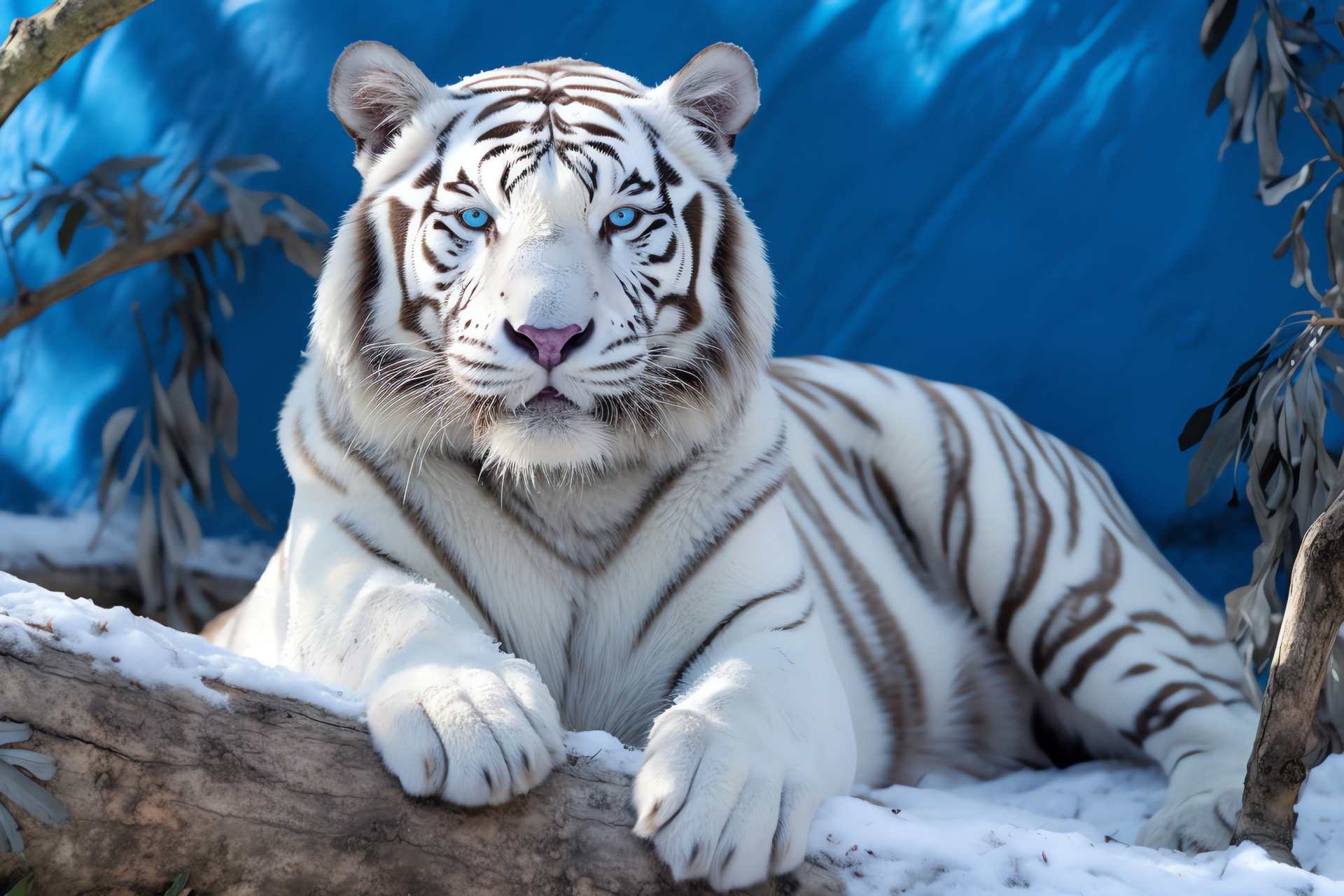 Majestic Bengal Tiger, expansive habitat, bicolored panorama, cerulean chill, commanding presence, HD Desktop Wallpaper