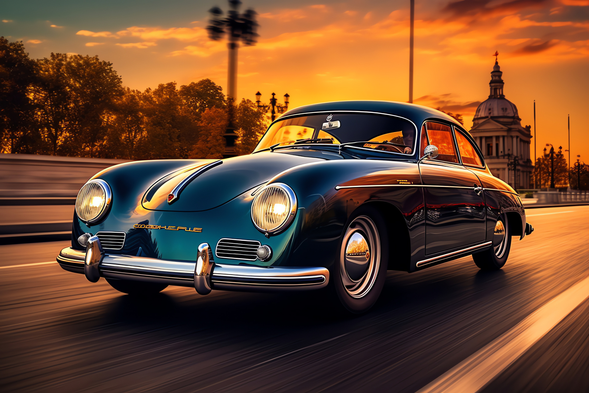 Porsche 356 Berlin atmosphere, Cityscape backdrop, Historic coupe model, Nighttime city glamour, Architectural illumination, HD Desktop Image