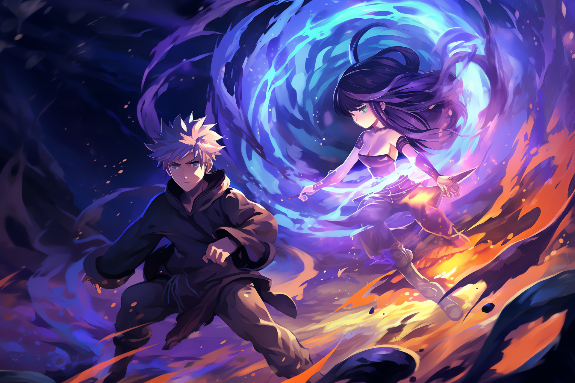 Naruto and Hinata, Battle backdrop, Shonen action, Energetic aura, Advanced ninja mode, HD Desktop Wallpaper