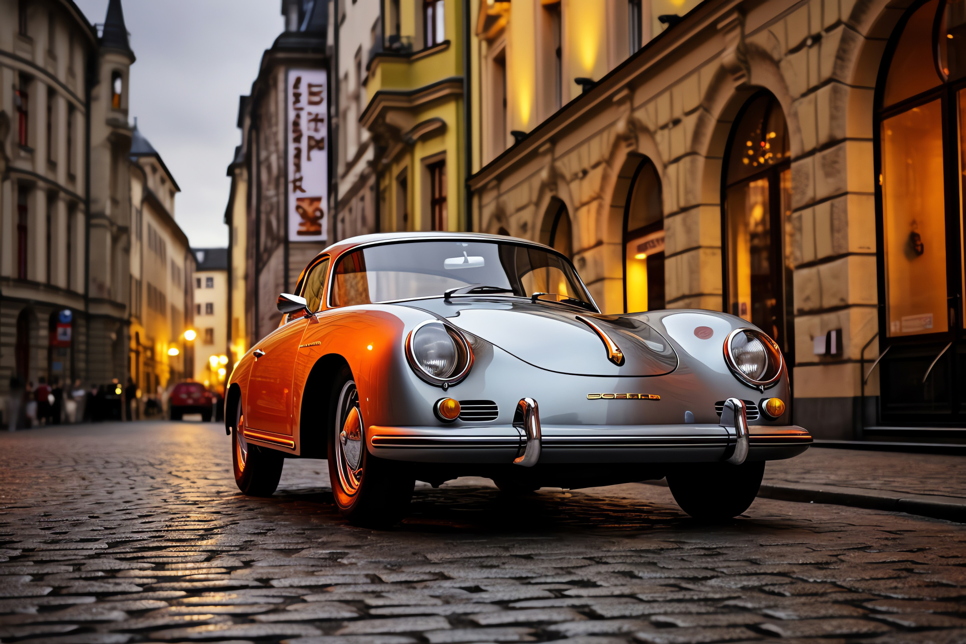 Porsche 356 in Stuttgart, Classic coupe design, Architectural surroundings, Stone road, German elegance, HD Desktop Wallpaper