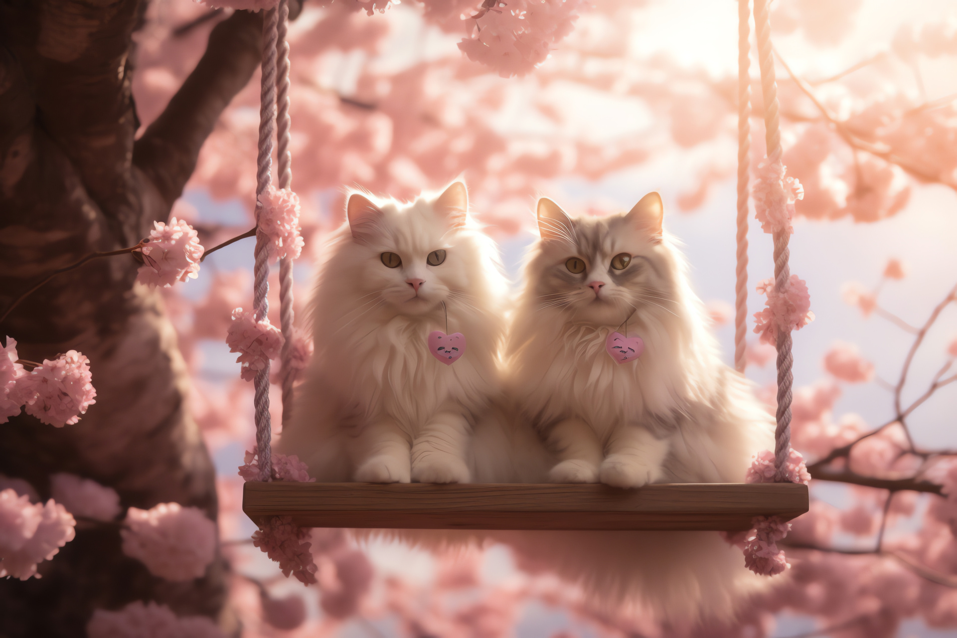 Playful Valentine cat, Blossom-filled backdrop, Garden swing, Floral heart decor, Springtime love, HD Desktop Image
