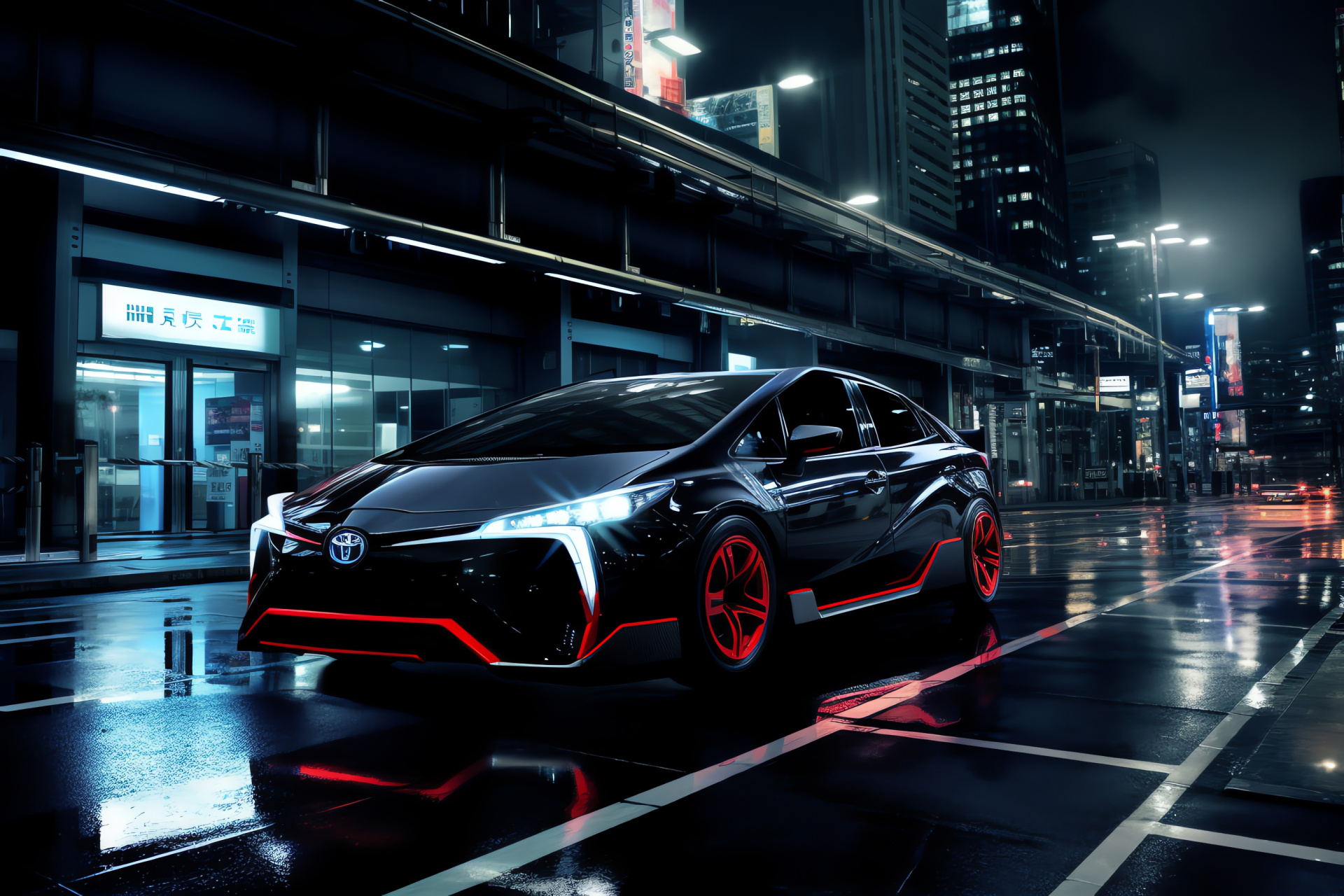 Toyota TRD, Japan capital, hybrid sedan, illuminated avenues, green tech, urban architecture, HD Desktop Image