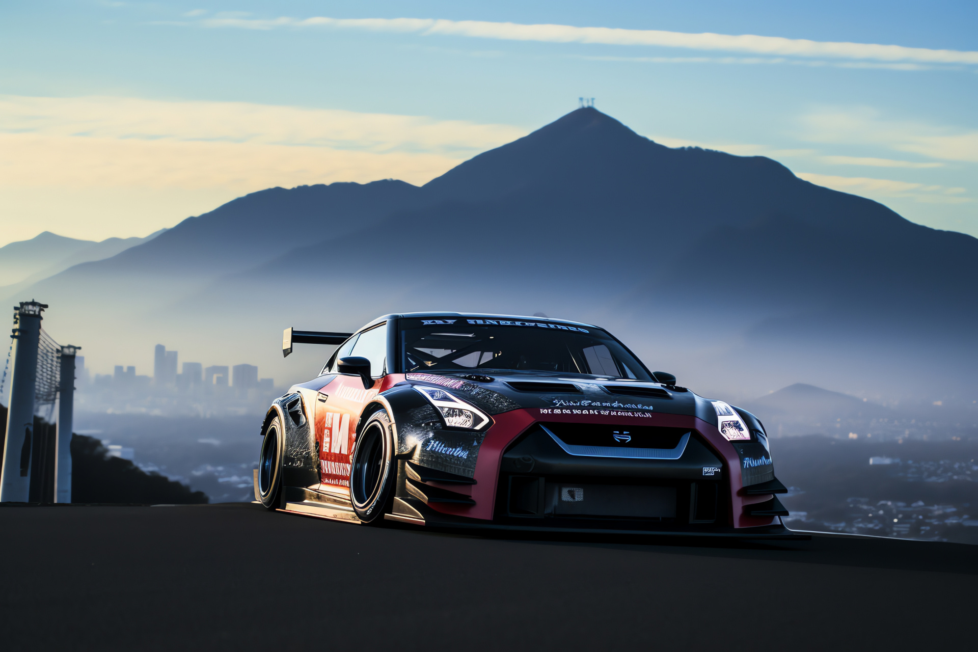 Nissan GTR Liberty Walk edition, Fuji Speedway track, Japan's racecourse, Iconic Mount Fuji backdrop, Performance tire trails, HD Desktop Wallpaper