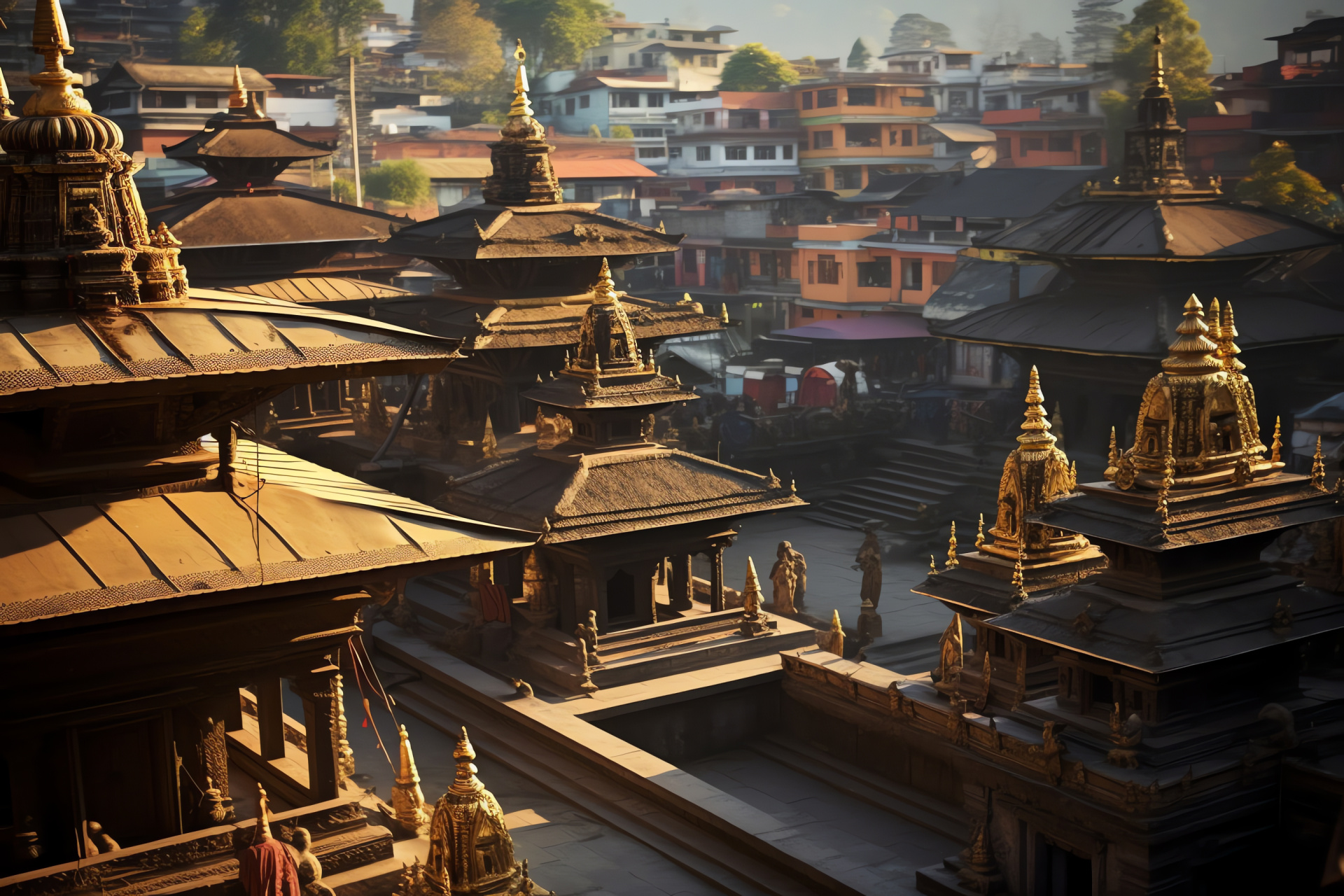 Pashupatinath spiritual hub, Nepalese holy ground, architectural finesse, gilded structures, sacred incense aroma, HD Desktop Wallpaper