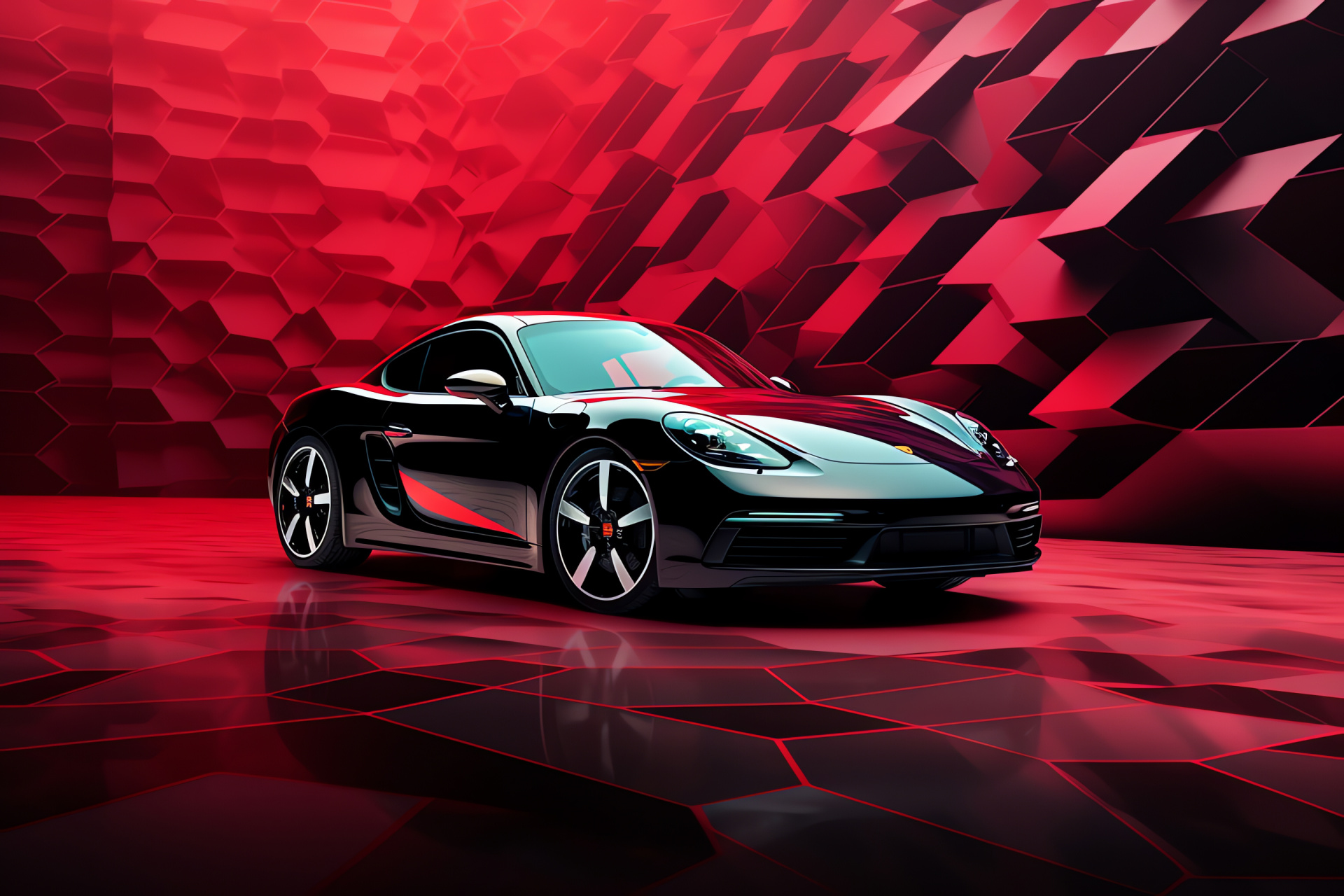 Porsche Cayman 718, Dynamic design visuals, German engineering art, Abstract aesthetic context, Red and black palette, HD Desktop Image