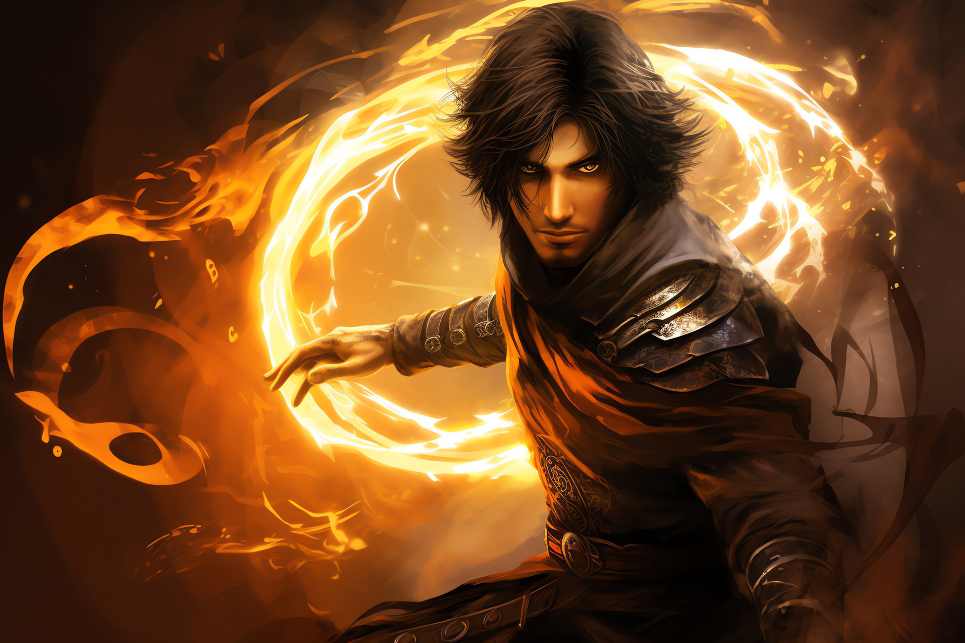 Interactive gameplay, Heroic stance, Energetic patterns, Action scene, Fantasy universe, HD Desktop Image