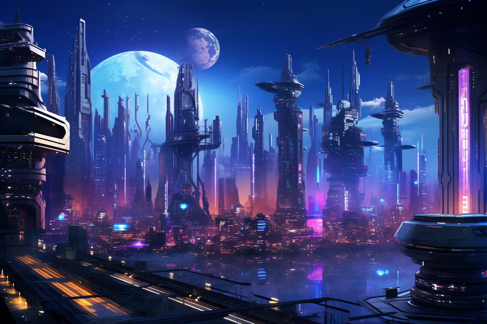 Science Fiction Metropolitan, Skyscape Artistry, Flying Transit, Expansive Vistas, Future Metropolis, HD Desktop Wallpaper