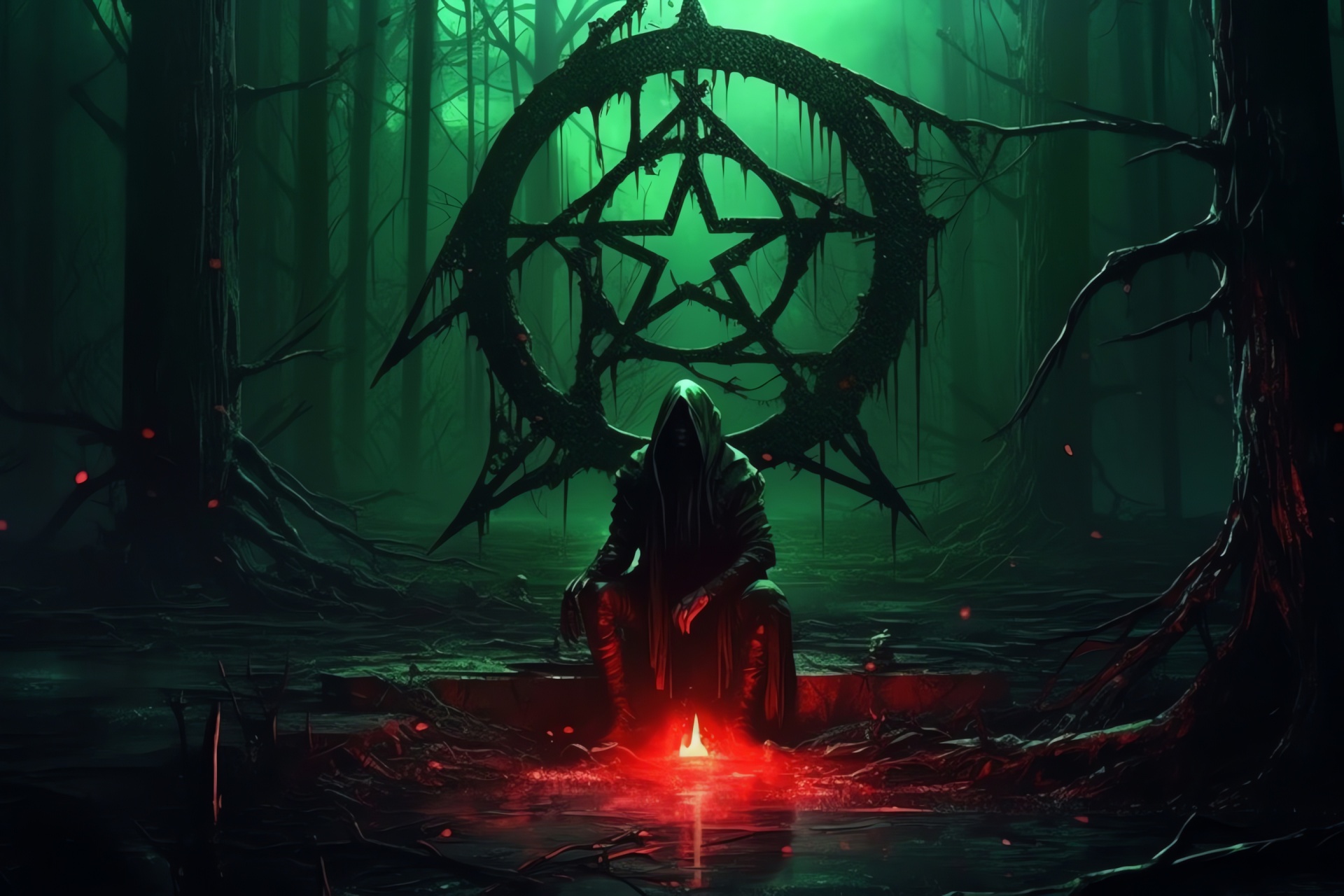 Necromancer game scene, Nocturnal setting depiction, Pentagram symbol, Virtual blood effect, Green fire animation, HD Desktop Image