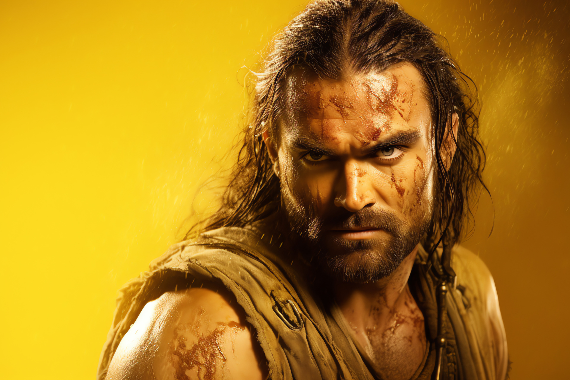 Dustin Clare as Gannicus, Gladiator face, Dramatic lighting, Historical program, Action series, HD Desktop Image