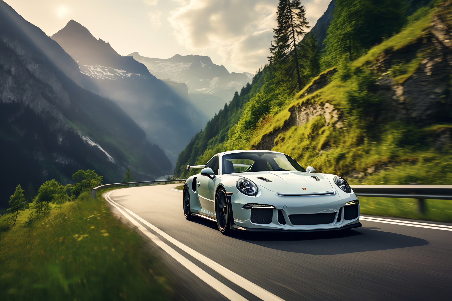 Porsche GT3 in Alpine scenery, Swiss performance, Touring package vehicle, mountain roads, sports car design, HD Desktop Wallpaper