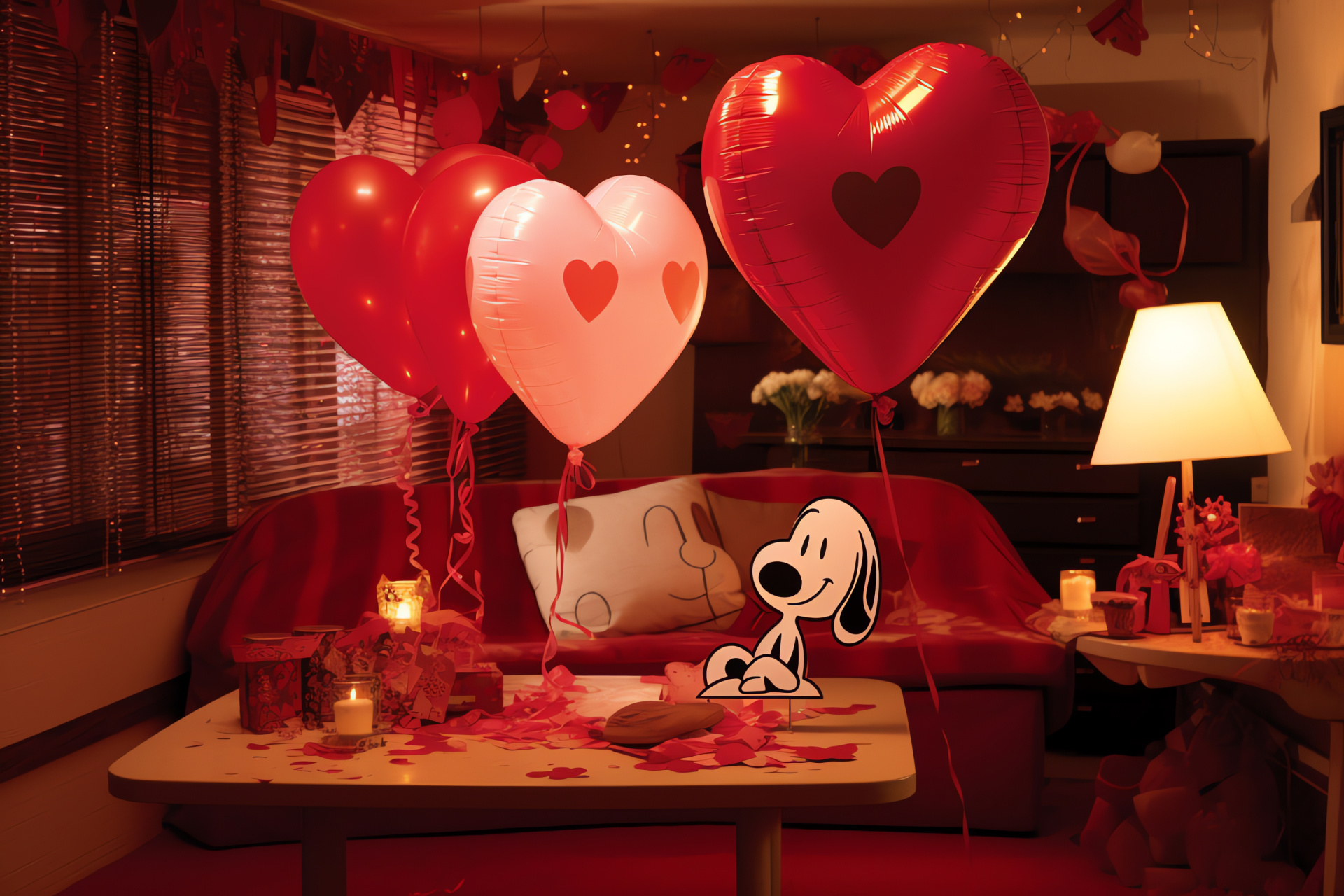 Cartoon love celebration, Romantic helium decorations, Festive streamer arrangement, Gentle luminescence, Valentine's day warmth, HD Desktop Image
