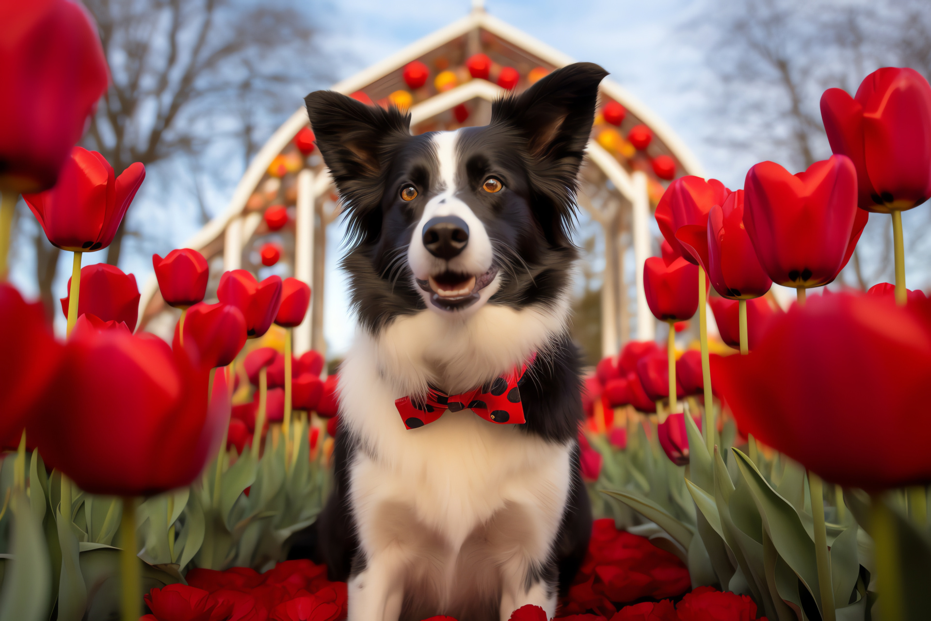 Valentine's canine celebration, Affectionate border collie, Fashionable pet attire, Lush meadow, Animal festivity, HD Desktop Image
