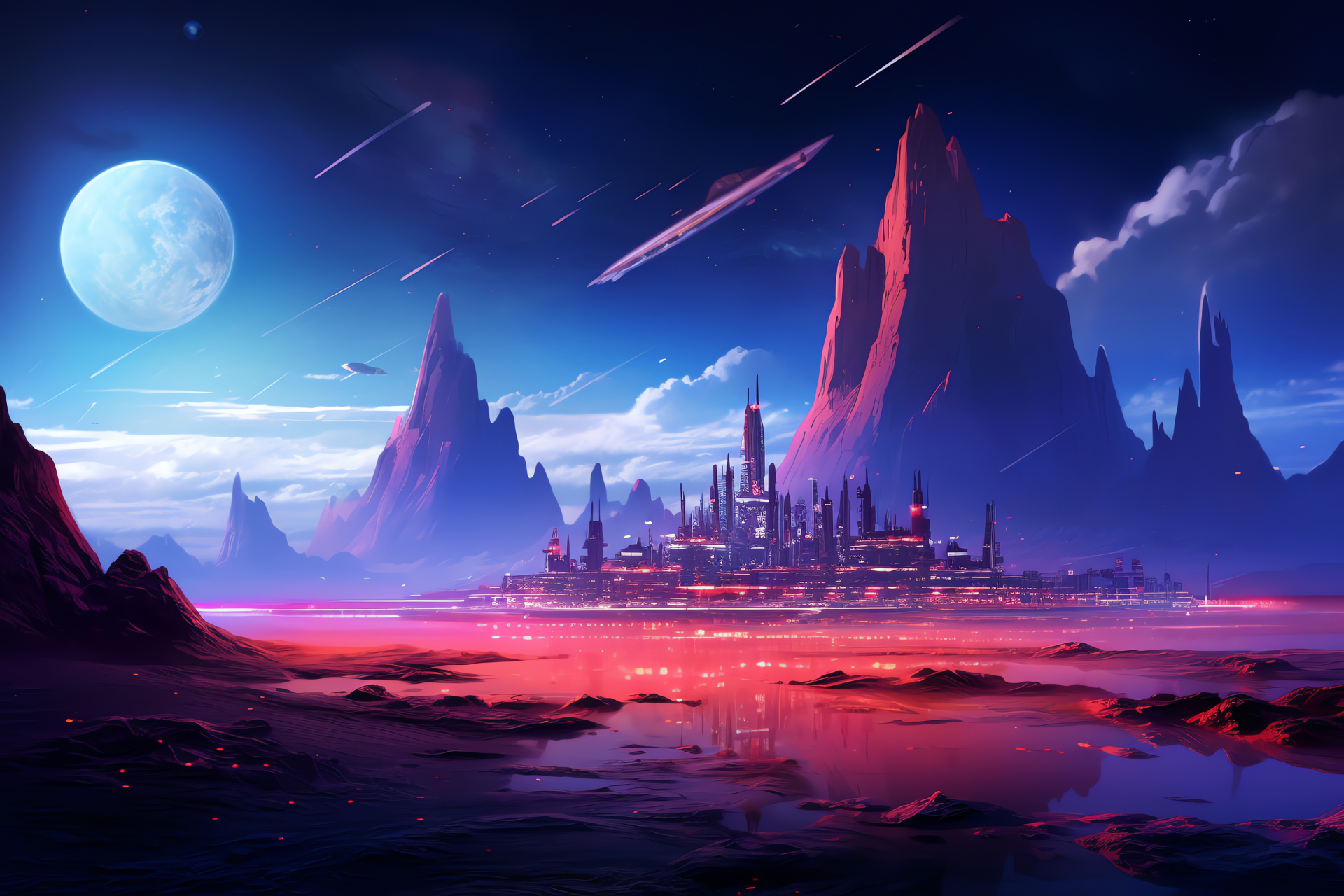 Speculative fiction artwork, Interplanetary landscape, Martain volcano, Urban skyline, Aerial vehicles, HD Desktop Wallpaper