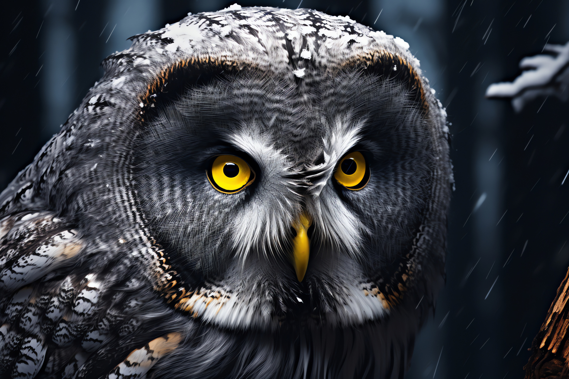 Strix nebulosa in habitat, Raptorial yellow eyes, Mottled avian feathers, Silent hunters gaze, HD Desktop Image