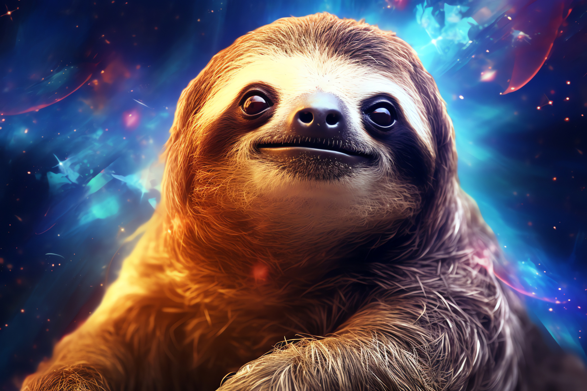 Stargazing Sloth character, Lustrous deep gaze, Silver-tinted coat, Celestial background motifs, Astral intelligence, HD Desktop Wallpaper