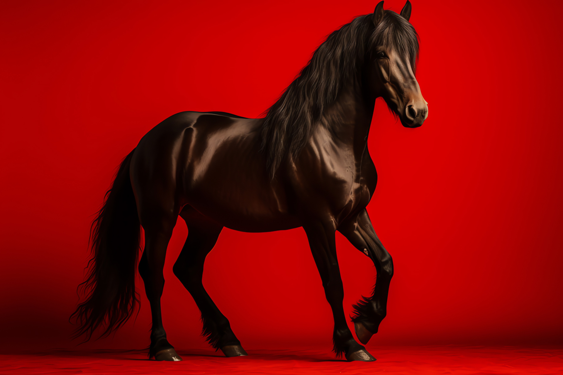 Horse stature, Equestrian sleekness, Mane silhouettes, Stallion grace, Red contrast, HD Desktop Image