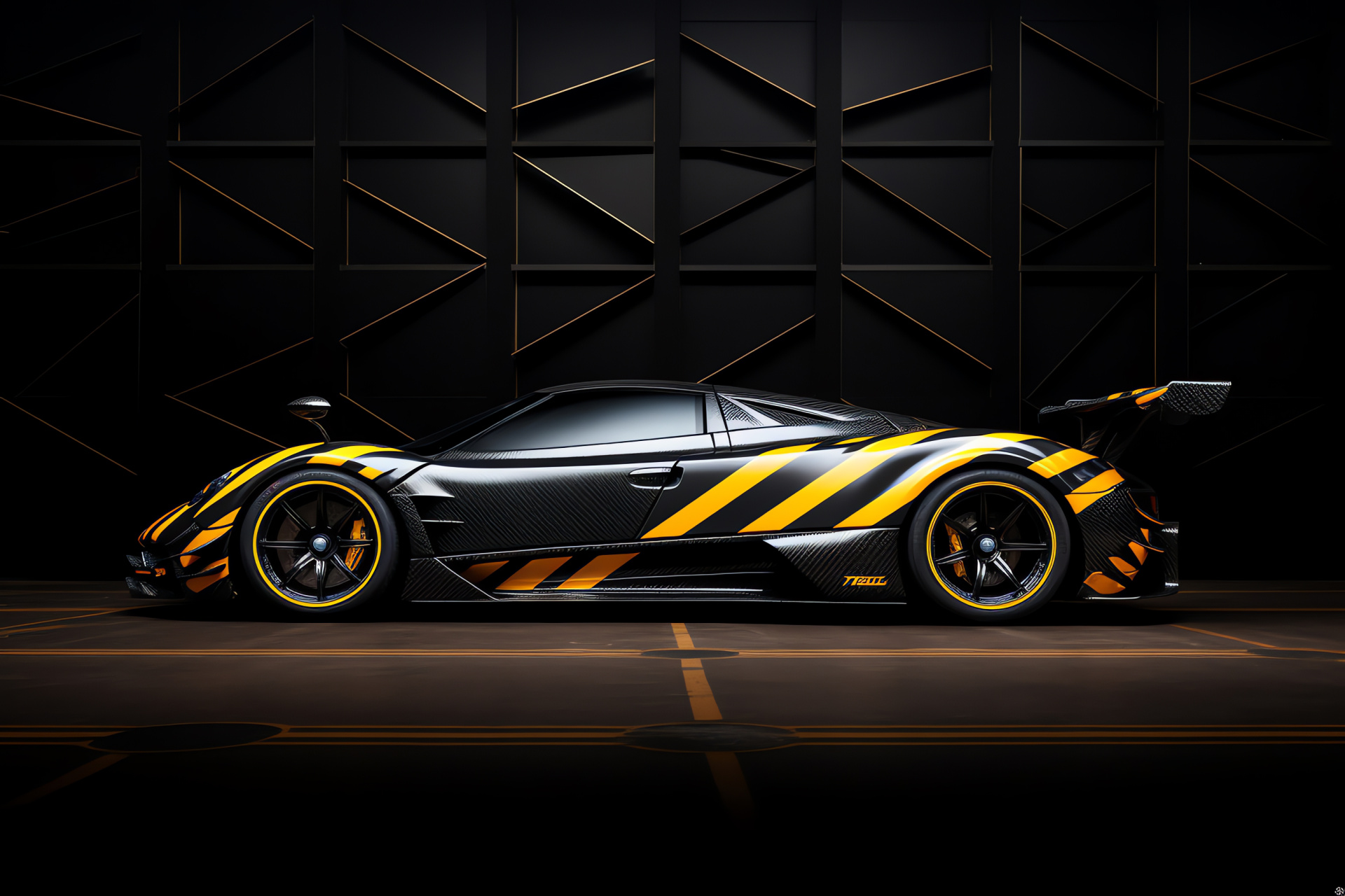 Pagani Zonda F, Striking visuals, Edgy pattern backdrop, Exotic car allure, Black and yellow blend, HD Desktop Wallpaper