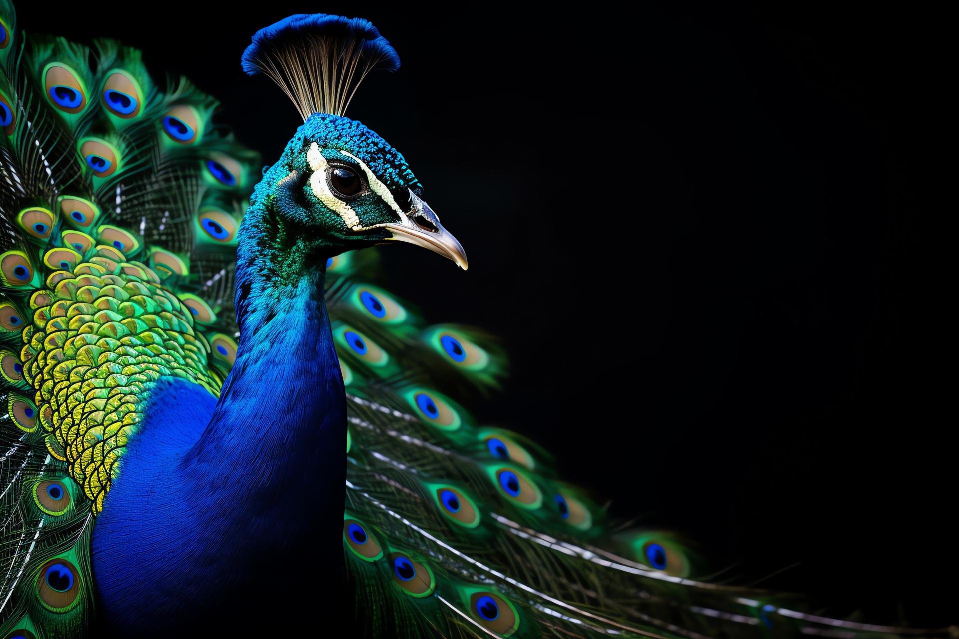 Peacock plumage, Majestic bird fanning, Iridescent tail display, Avian splendor, Black canvas, HD Desktop Wallpaper