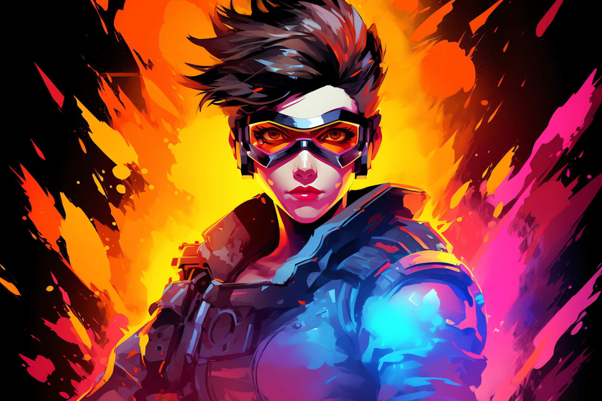 Overwatch speedster Tracer, Luminescent eyewear, Handheld firearms, High-tech costume design, Dynamic game role, HD Desktop Wallpaper