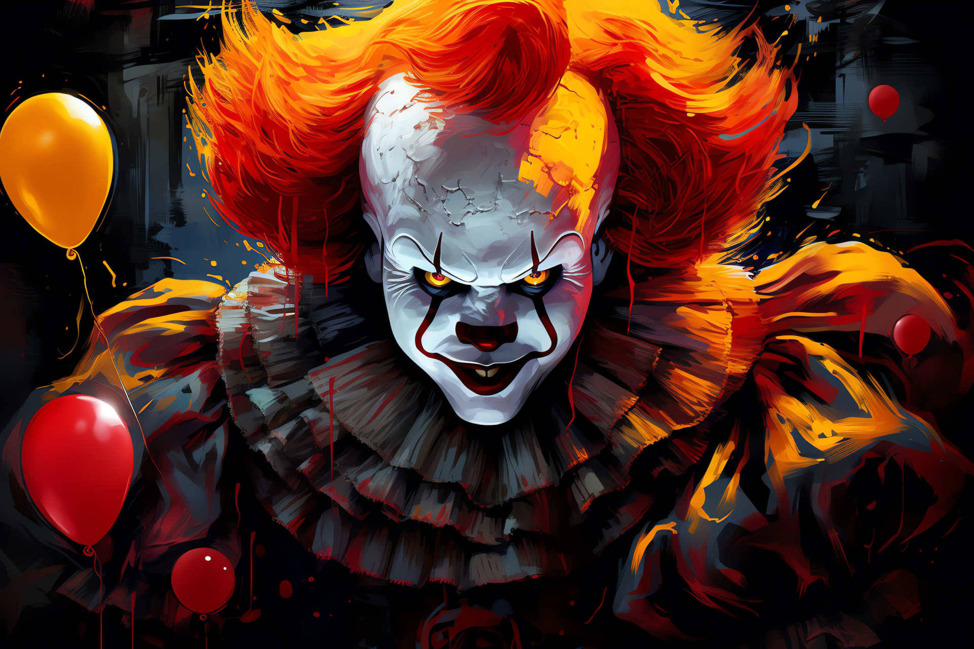 Pennywise The Clown, macabre funfair, contorted visage, theatrical paint, fiery tresses, HD Desktop Image