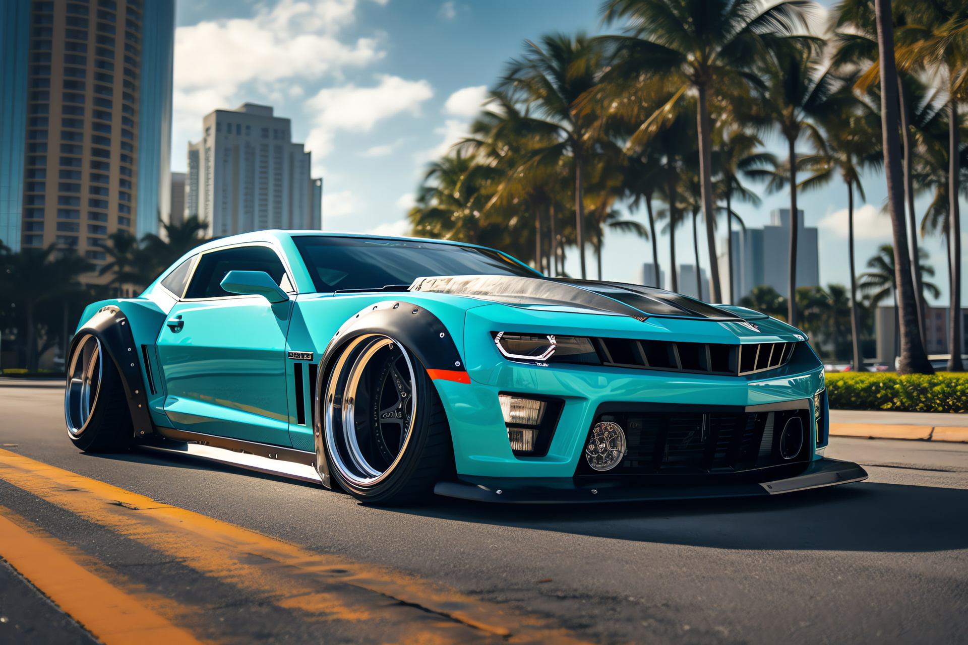 Chevrolet Camaro SS, Custom Rocket Bunny, American muscle car, Miami street culture, Modified car stance, HD Desktop Wallpaper