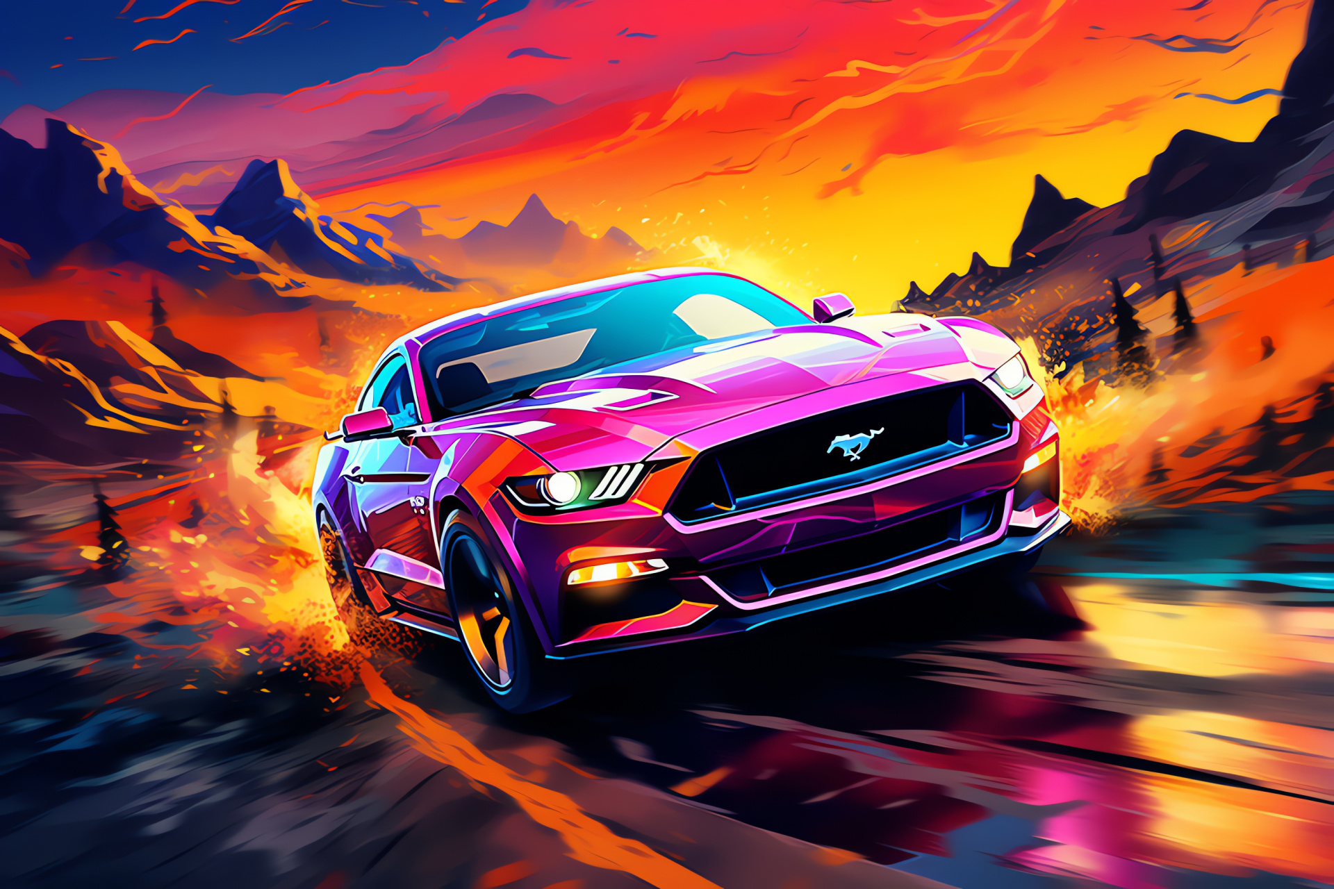 Mustang close-up, Multicolored setting, Spray paint effect, Rich hues, Intense texture, HD Desktop Image