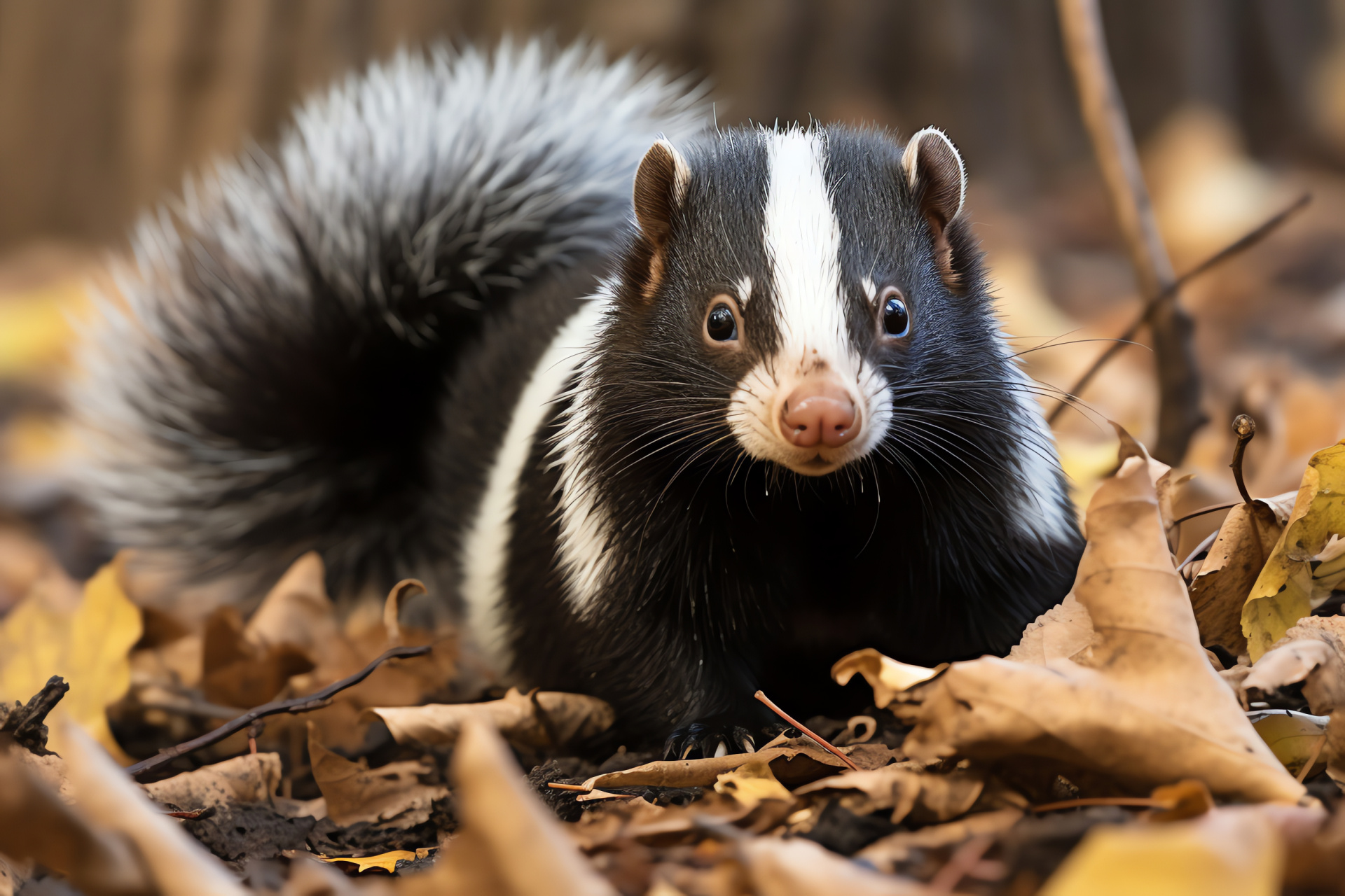 Skunk animal, Autumnal setting, Camouflaged wildlife, Secluded woodland area, Leafy ground cover, HD Desktop Image