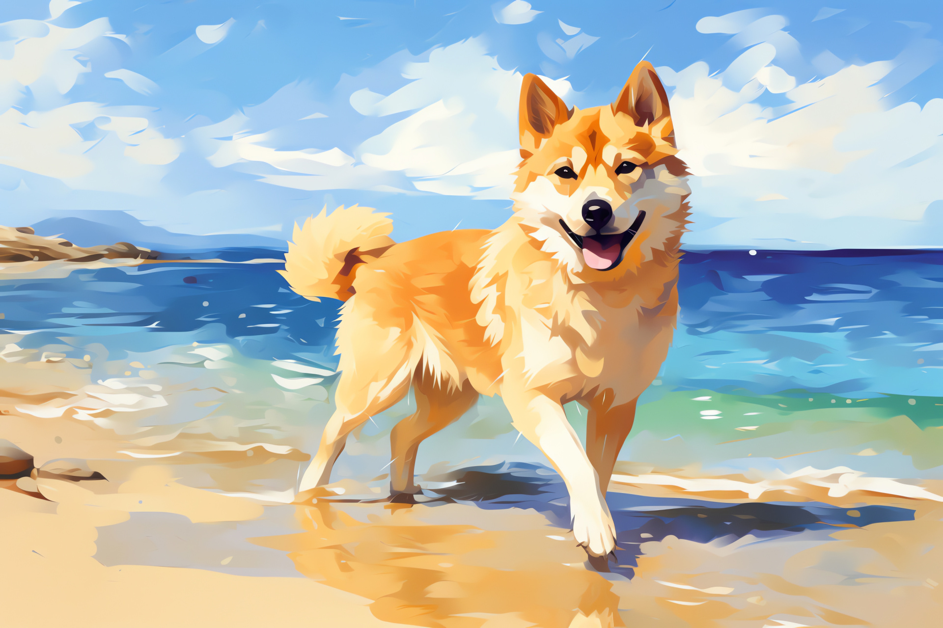 Shiba Inu on sandy beach, Adventurous cream-coated dog, Mid-stride curious Shiba, Brown-eyed canine, Playful Shiba beach day, HD Desktop Wallpaper