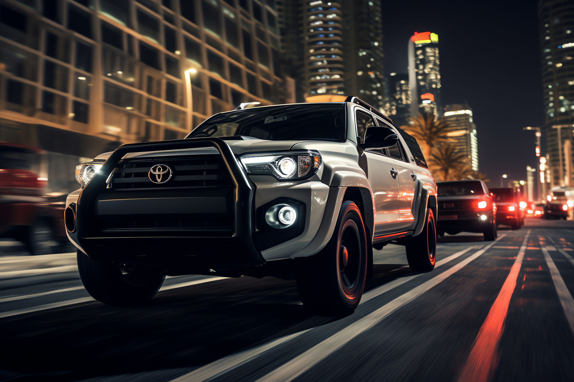 Toyota TRD badge, Dubai cityscape, Sportivo trim, Automobile lighting, Urban architecture, HD Desktop Image