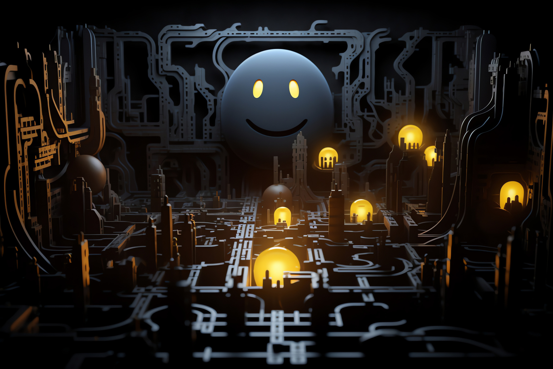Haunted Pacman atmosphere, Spectral labyrinth design, Eerie ghost encounters, Maze chase, Energizing collectibles, HD Desktop Image
