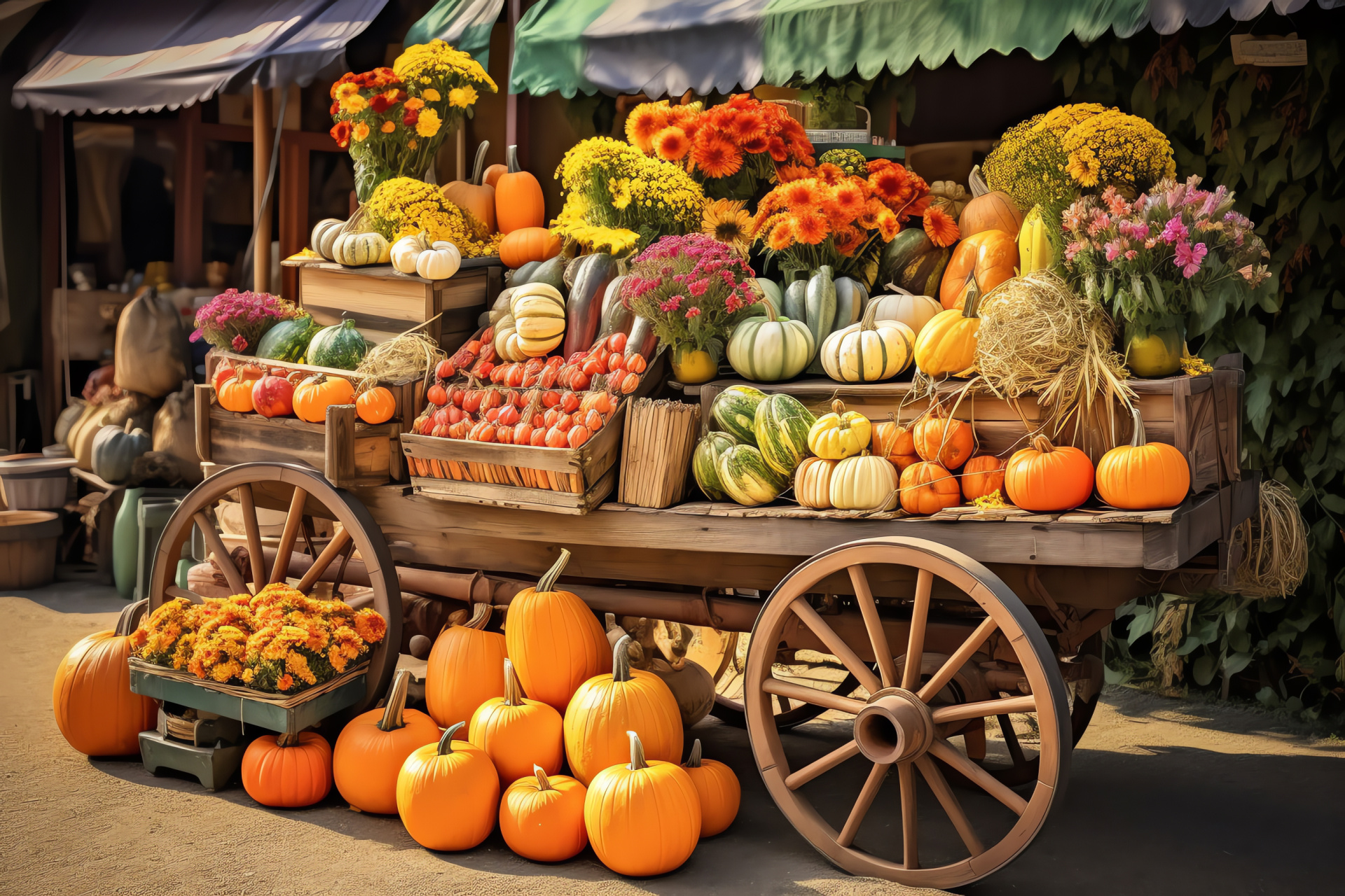 Market produce, Squash selection, Local hawking, Trade stall, Wooden transportation, HD Desktop Wallpaper