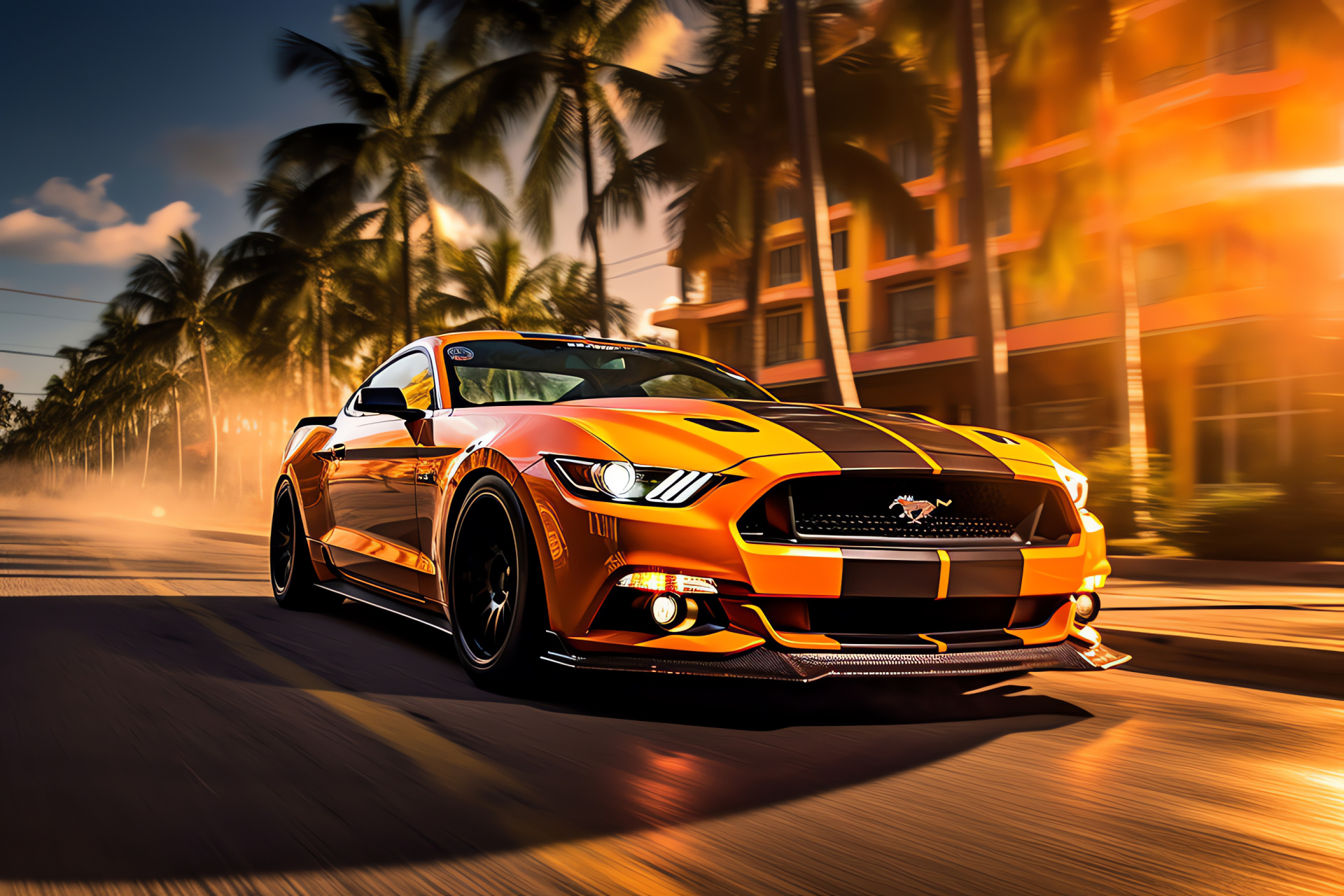 Mustang Fastback GT, Miami drift scene, Auto action capture, Coastal architecture, Tropical flora, HD Desktop Wallpaper