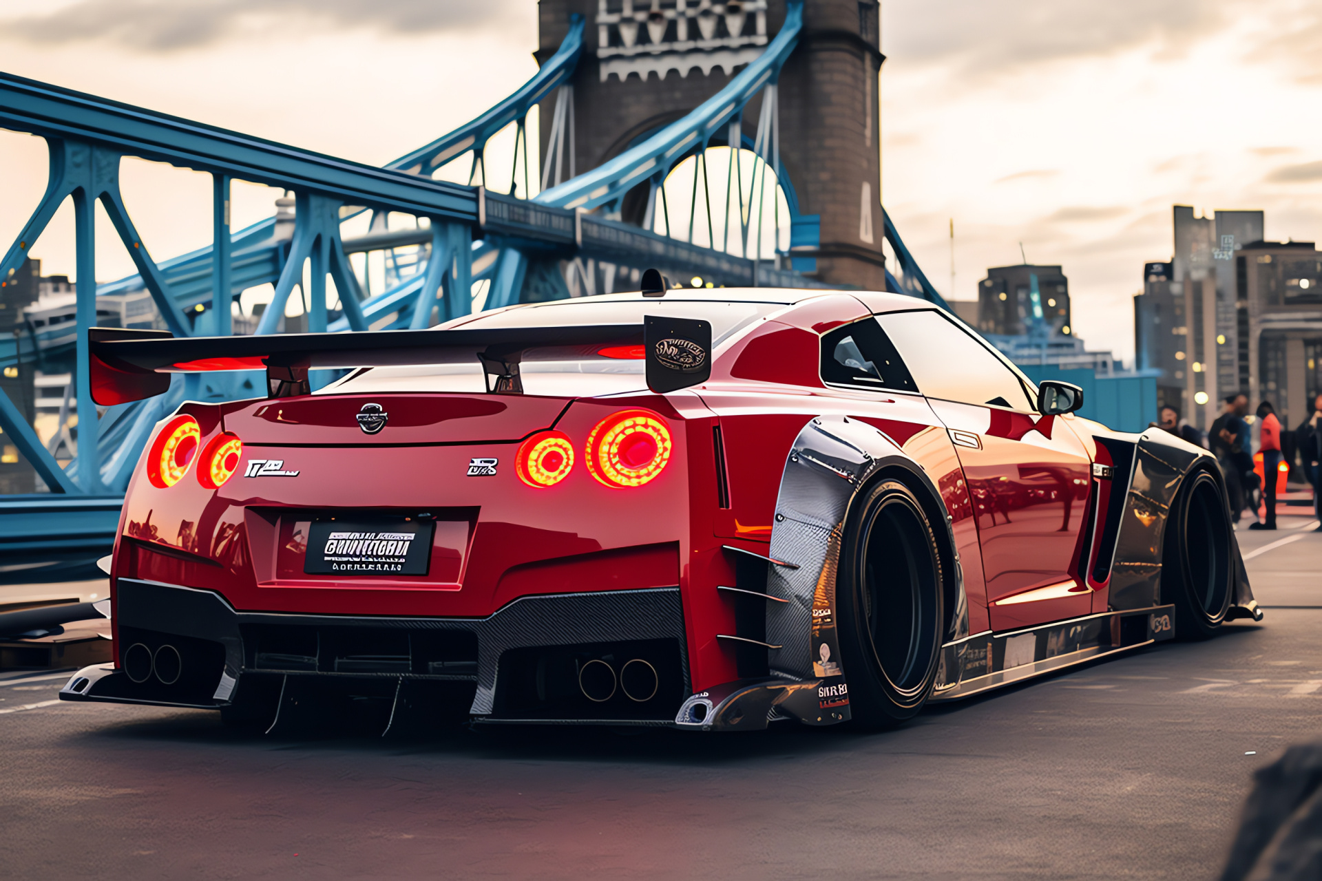 Nissan GTR Liberty Walk London backdrop, Modified wide body, Performance exhaust, British capital landmarks, Automotive elegance, HD Desktop Wallpaper