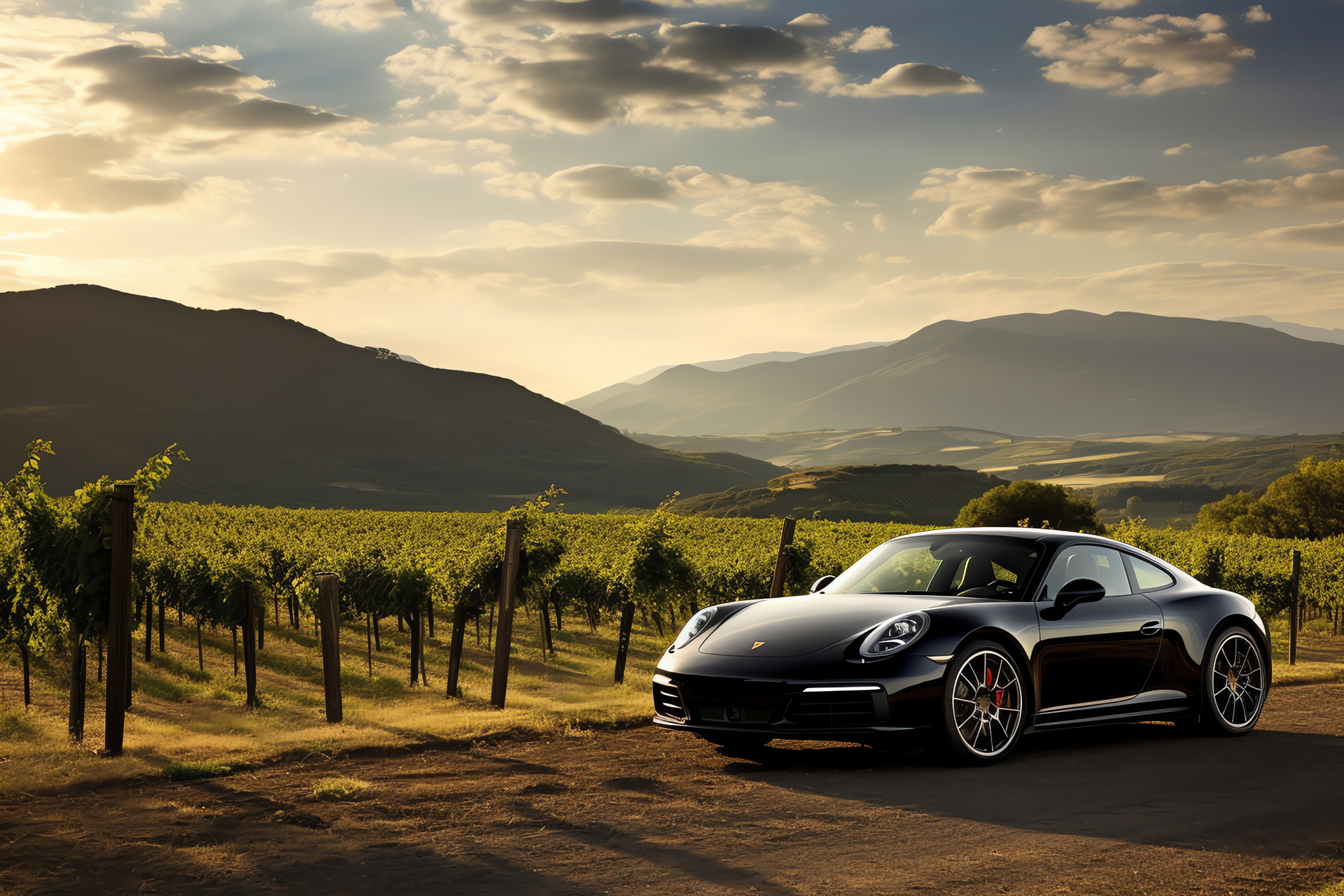 Porsche 911 Targa 4S, Tuscan landscape, Transparent overhead panel, Gentle hills, Vineyard panorama, HD Desktop Image