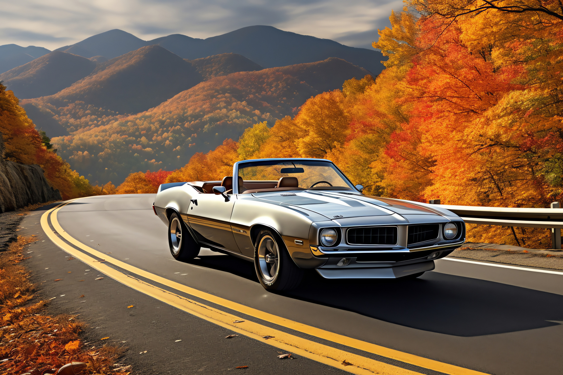 Pontiac Firebird Convertible, Mountainous terrain, Silver finish, Autumn scenery, Open-top, HD Desktop Wallpaper