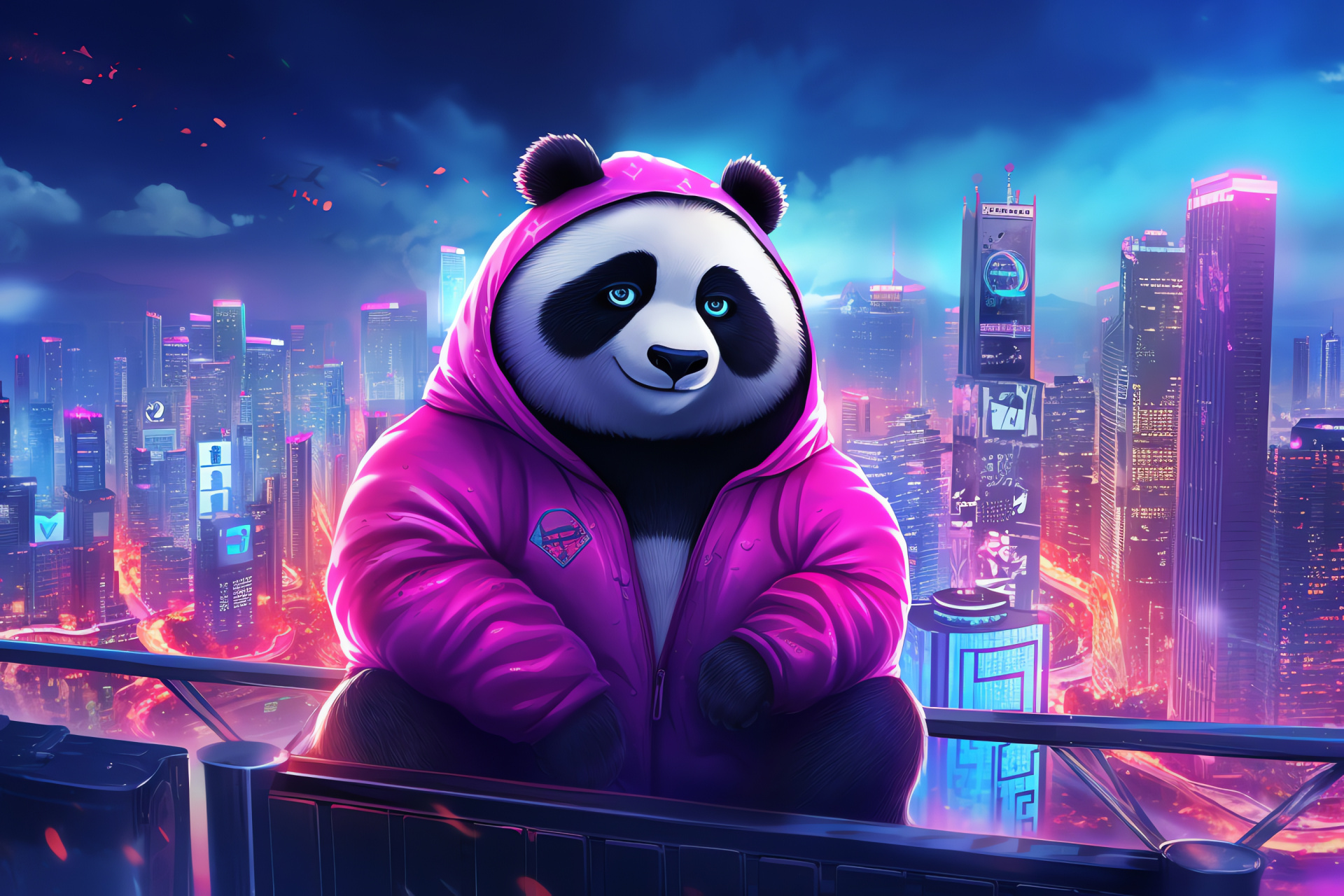 Bear persona, Vibrant coat, Exotic stare, Extended fleece, Cityscape glow, HD Desktop Image